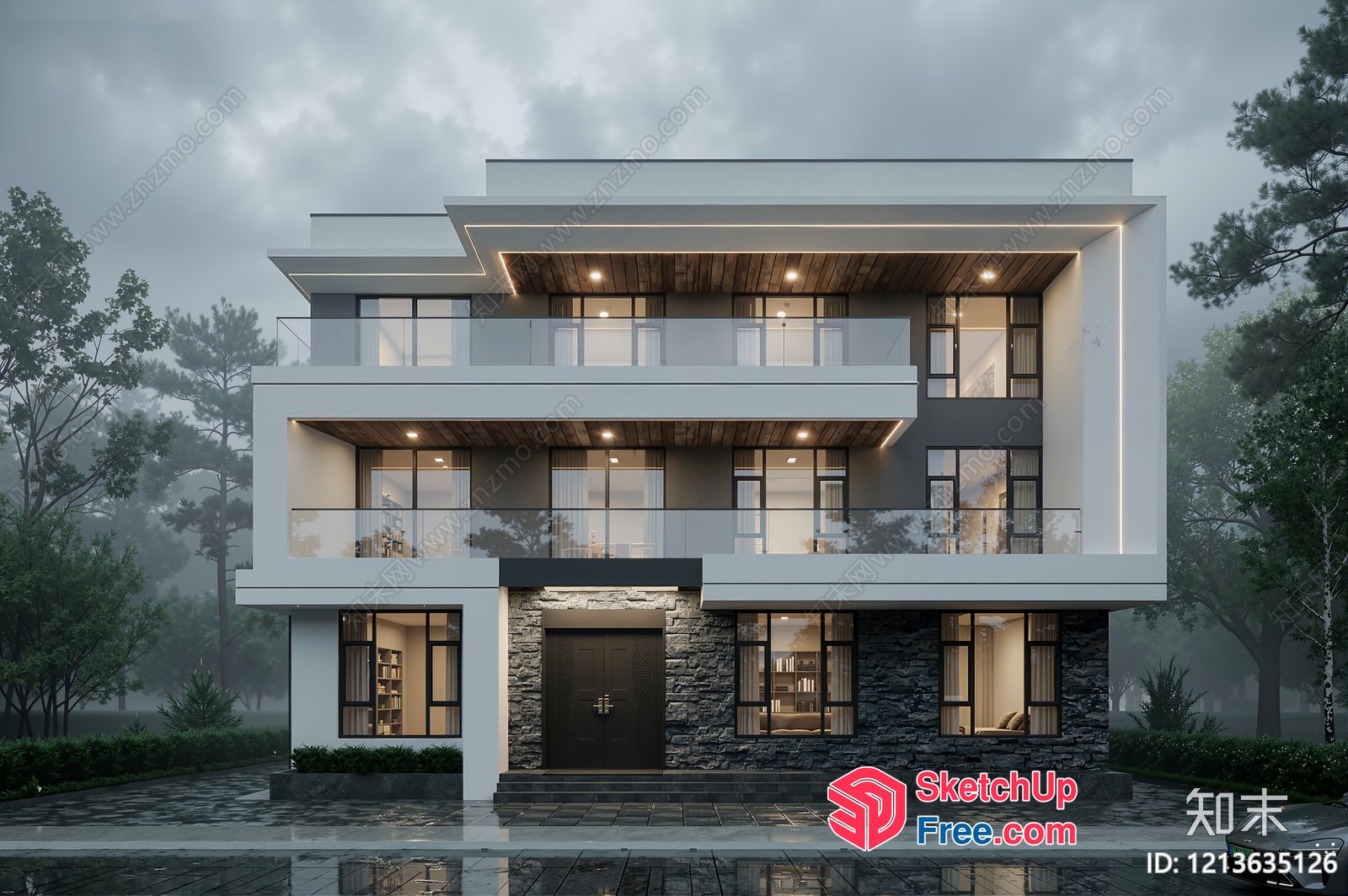 Modern Three-Story Villa With Glass Curtain Wall 3D SketchUp File