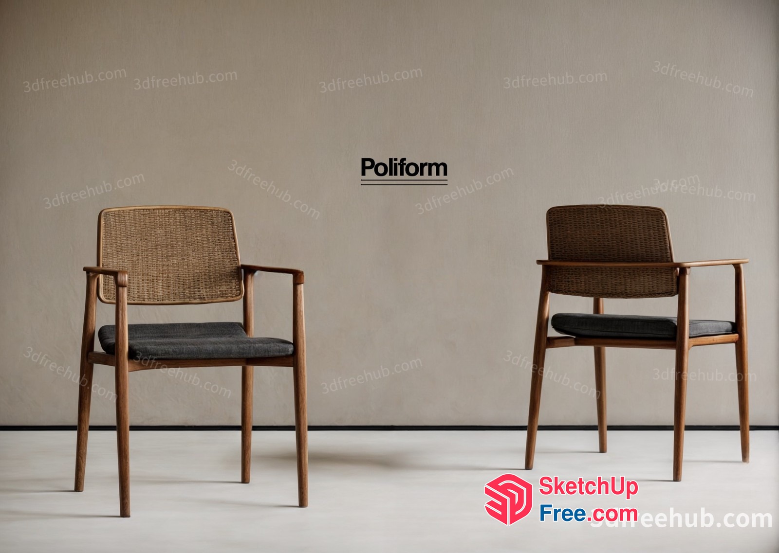 Two Wooden Chairs With Wicker Backs And Grey Cushions 3D SketchUp File