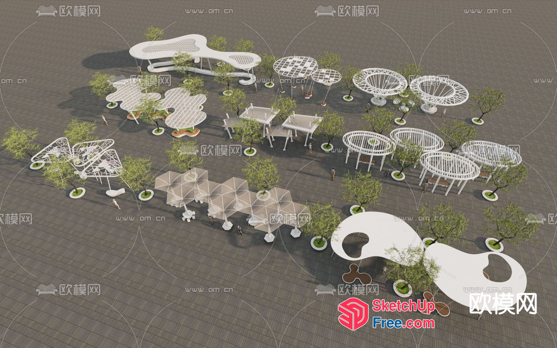 Outdoor Seating Arrangement With Trees And Potted Plants 3D SketchUp File