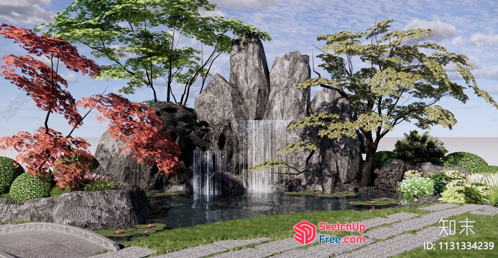 Serene Japanese-Inspired Waterfall Scene 3D SketchUp File