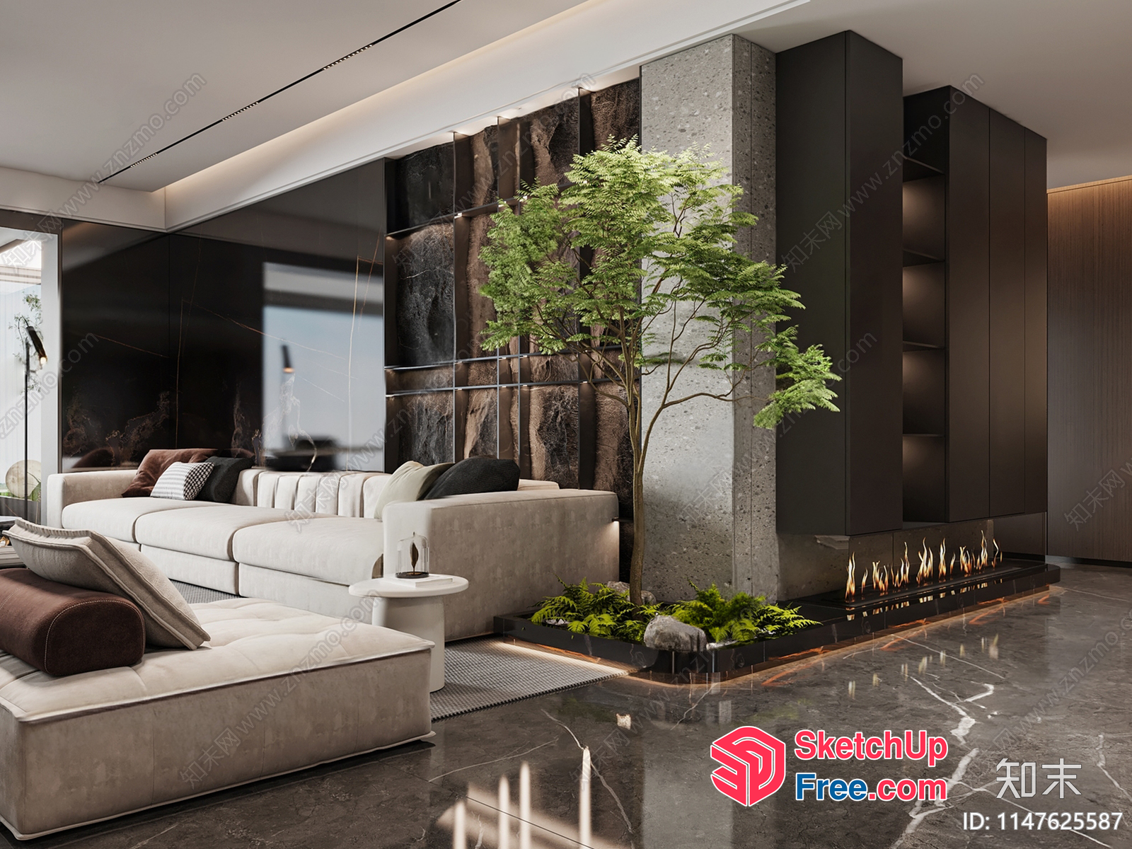 Modern Minimalist Living Room With Fireplace And Pillars 3D SketchUp File