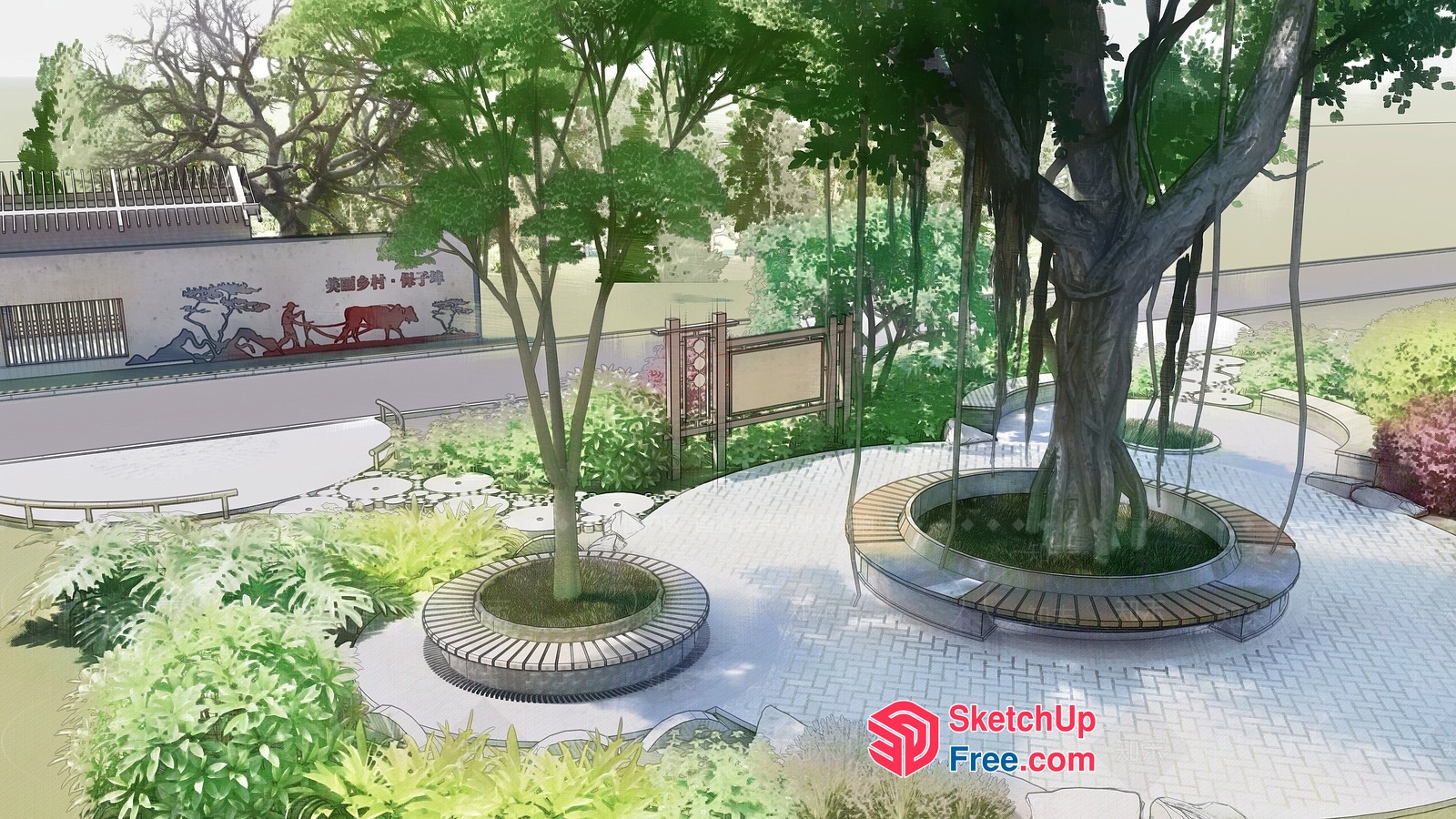 Serene Oasis With Trees And Potted Plants 3D SketchUp File