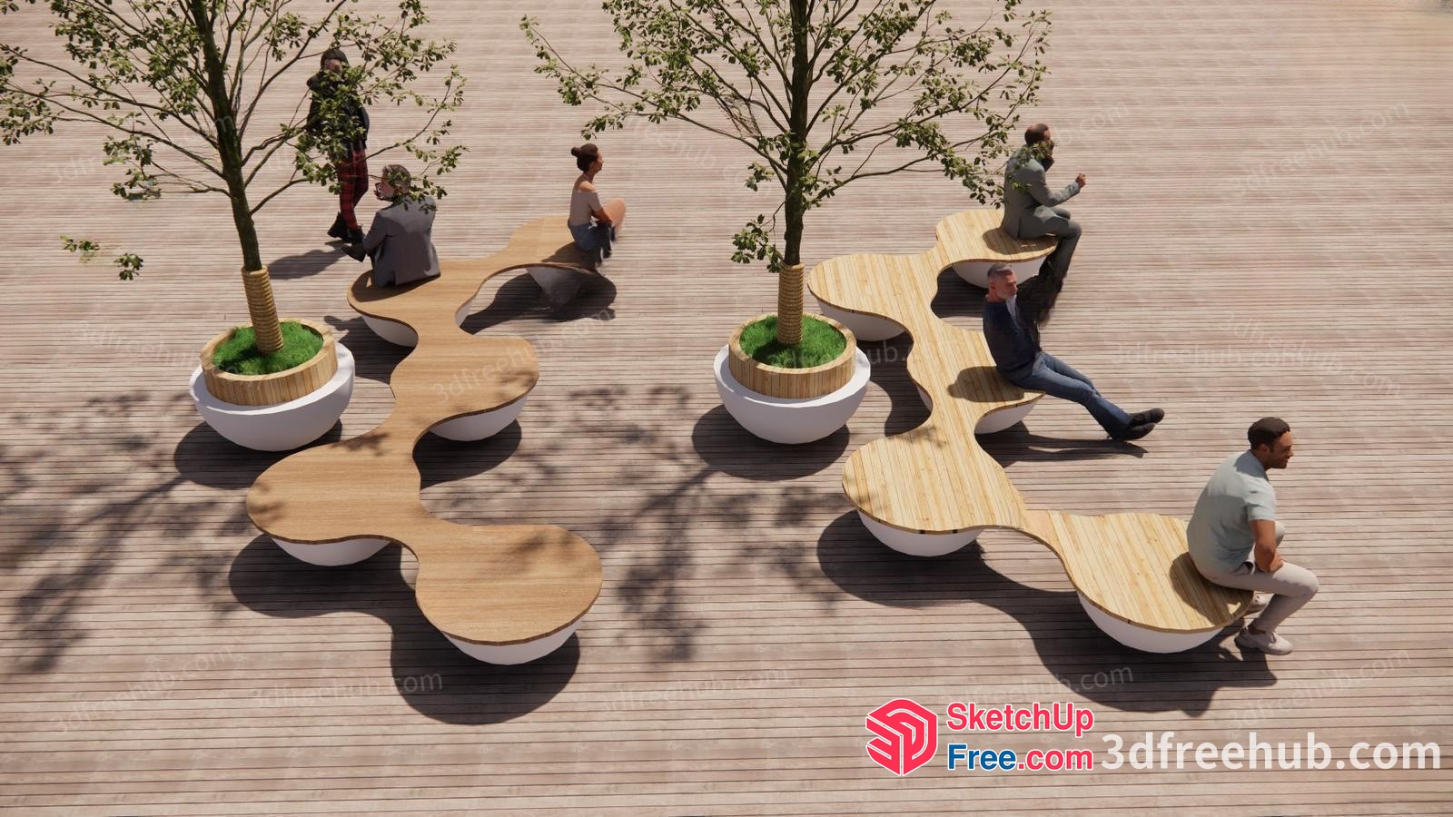 Serpentine Wooden Bench With Potted Trees 3D SketchUp File