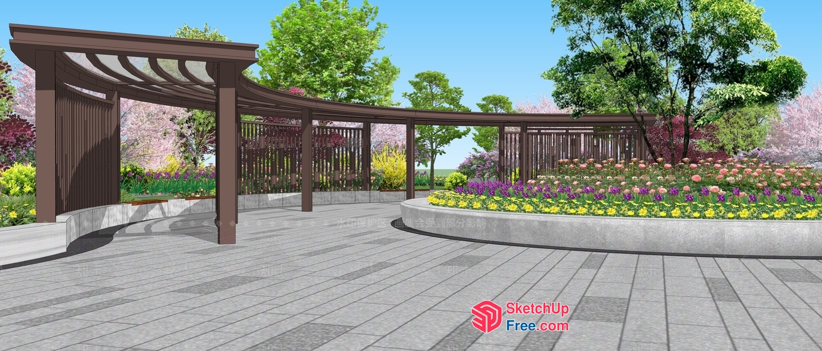 Outdoor Pergola With Stone Flooring And Flower Bed 3D SketchUp File