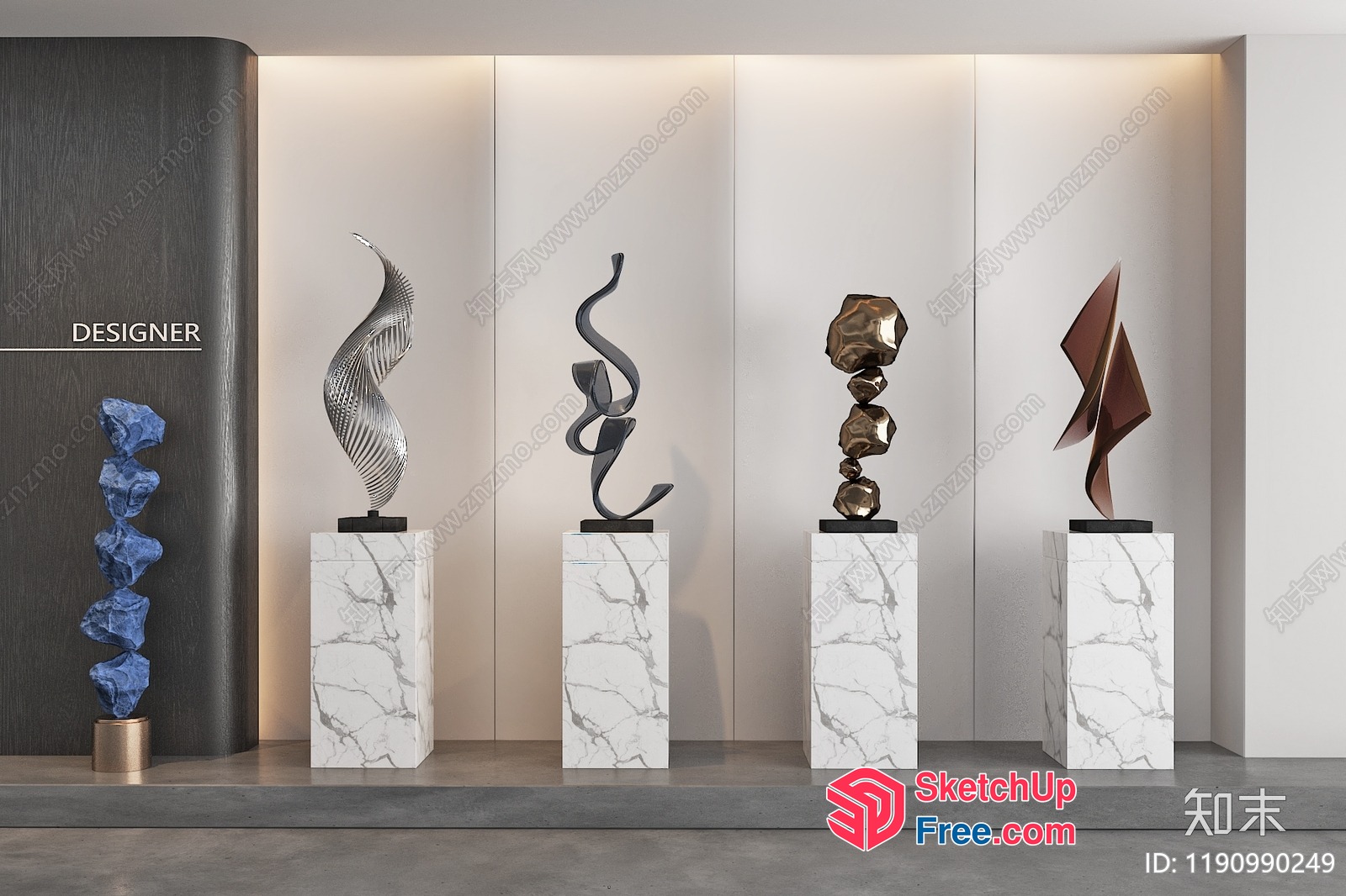 Abstract Metal Sculptures On Marble Pedestals 3D SketchUp File