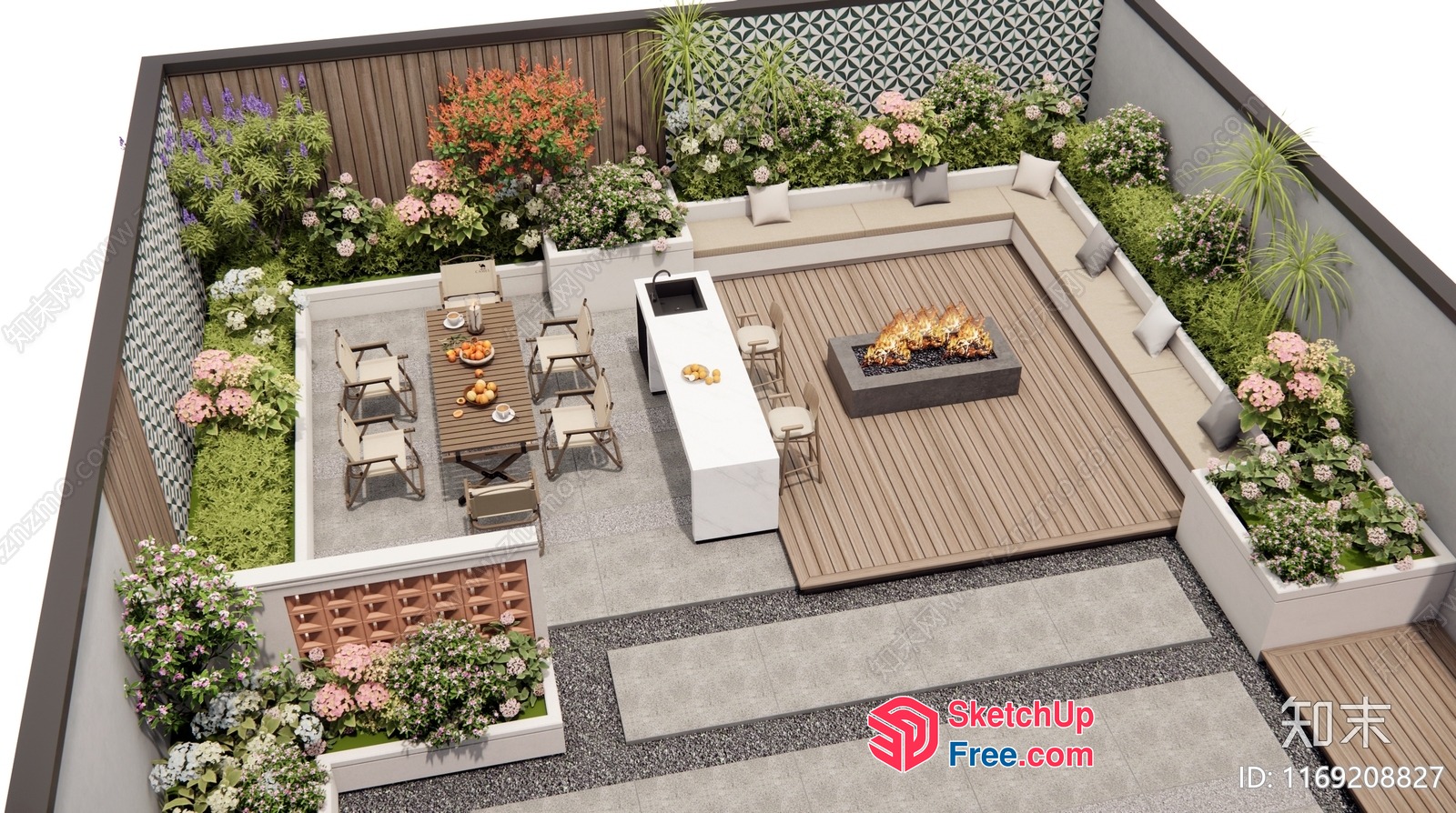 A Modern And Elegant Outdoor Space With A Fire Pit And Dining Area 3D SketchUp File