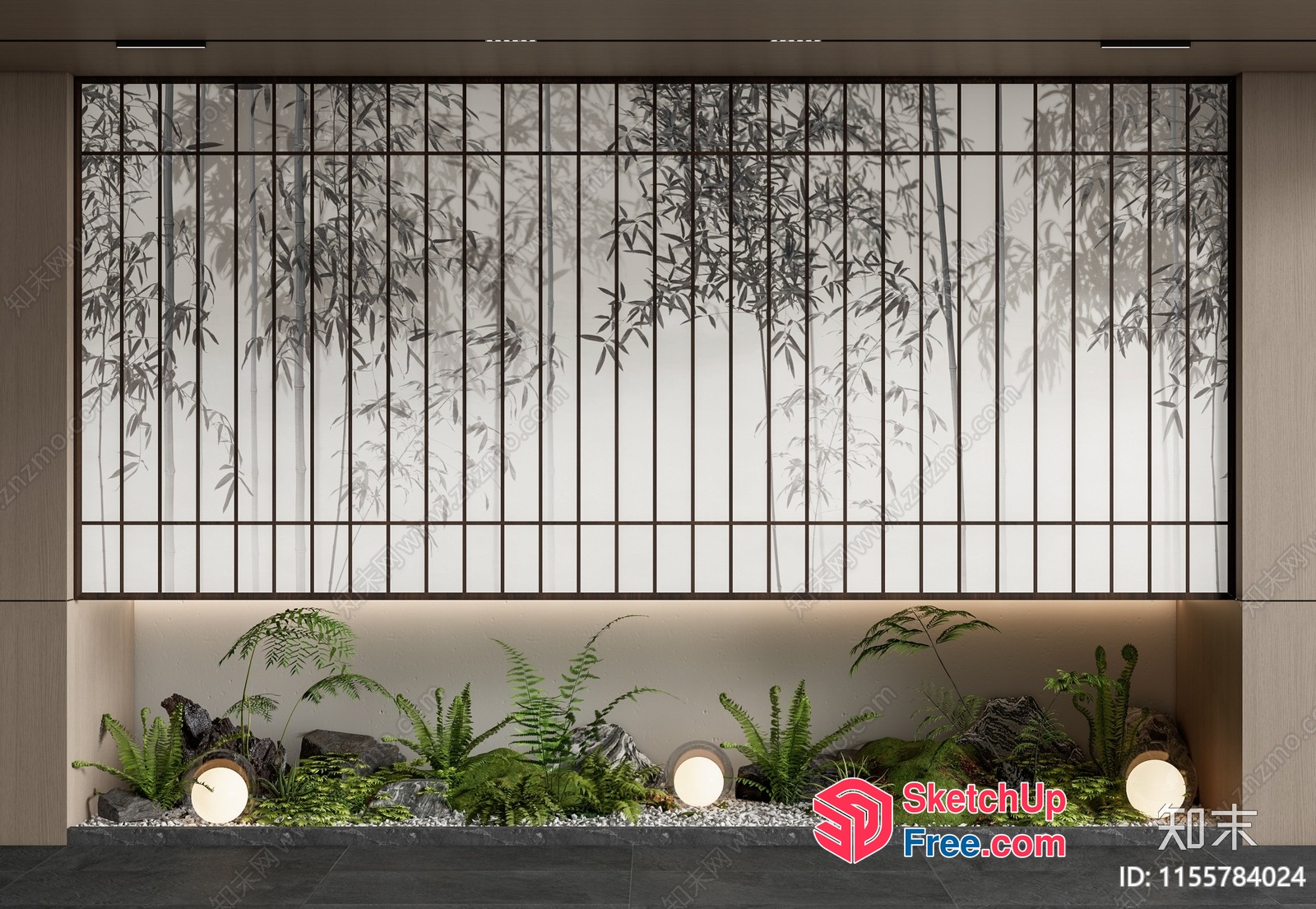 Elegant Japanese-Style Glass Curtain Wall With Bamboo And Plants 3D SketchUp File