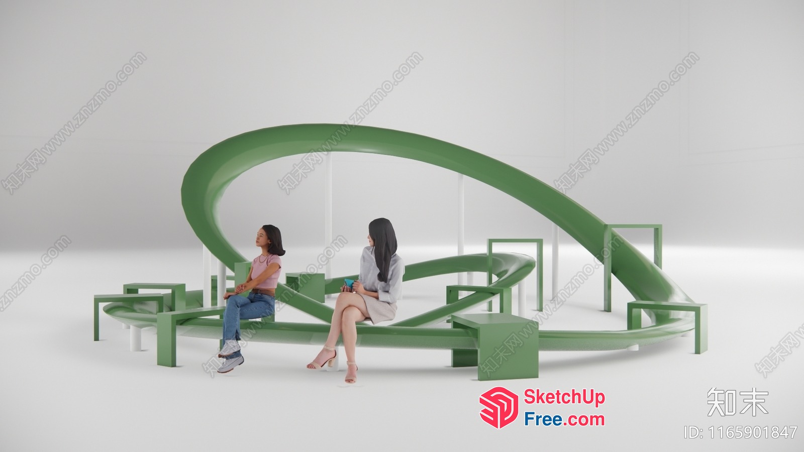 Two Women Sitting On A Green, Curved Bench 3D SketchUp File
