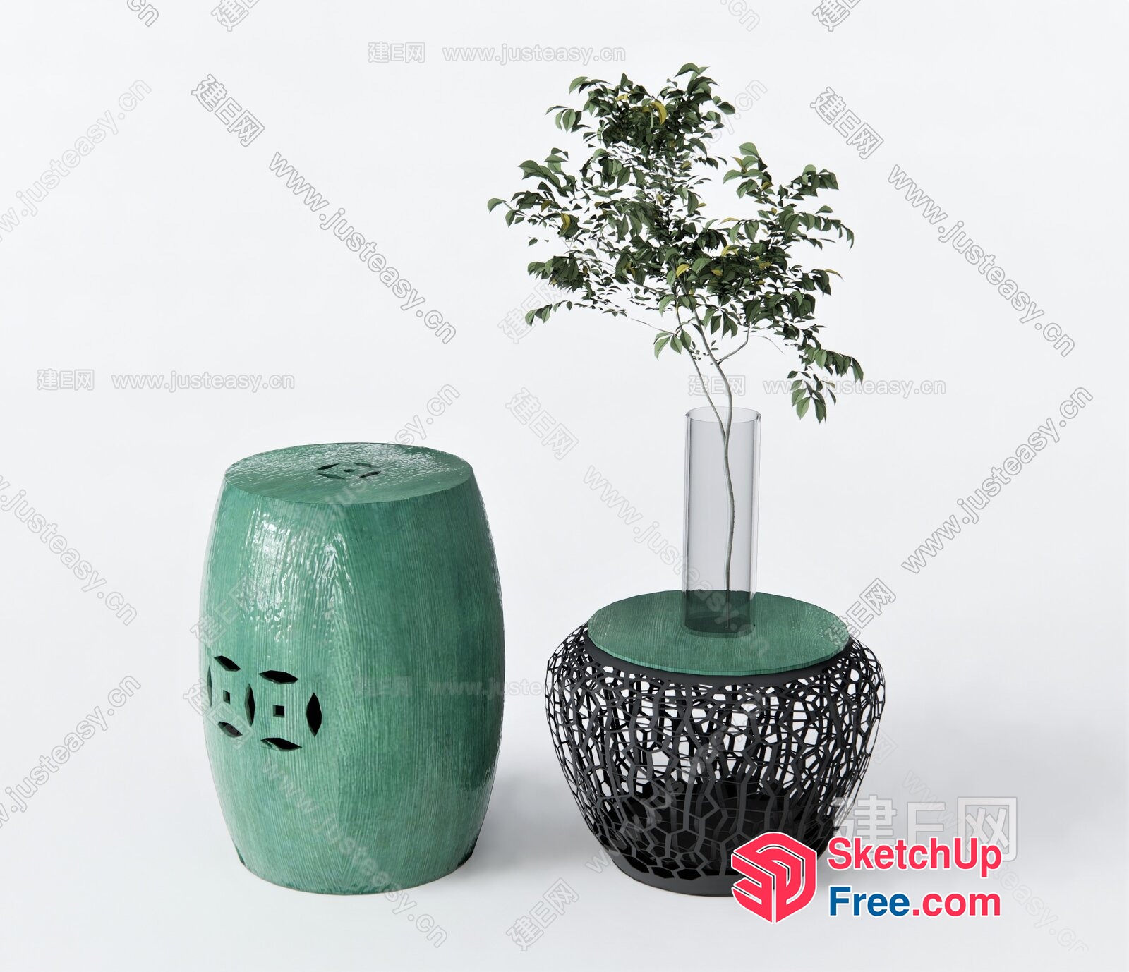 Modern Green And Black Decorative Stools And Table 3D SketchUp File
