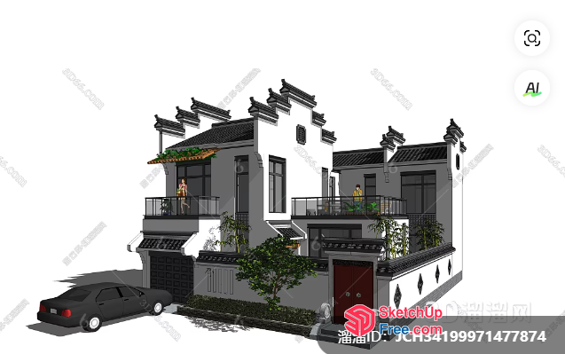 Chinese Style Villa With Balcony And Car 3D SketchUp File