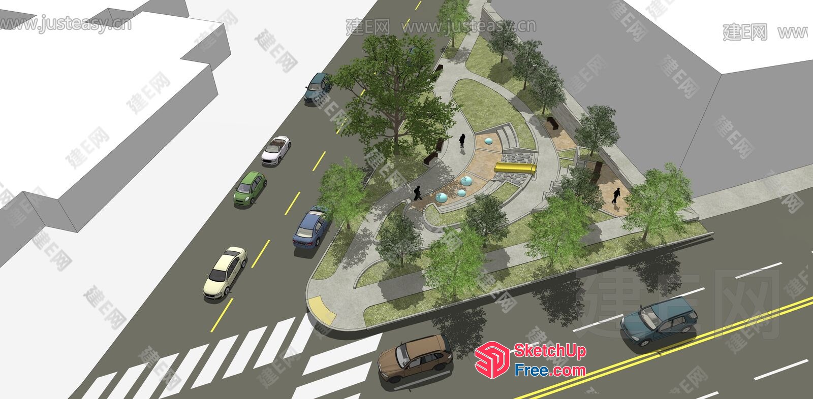 3D Architectural Rendering Of A Commercial Street With A Park And Cars 3D SketchUp File