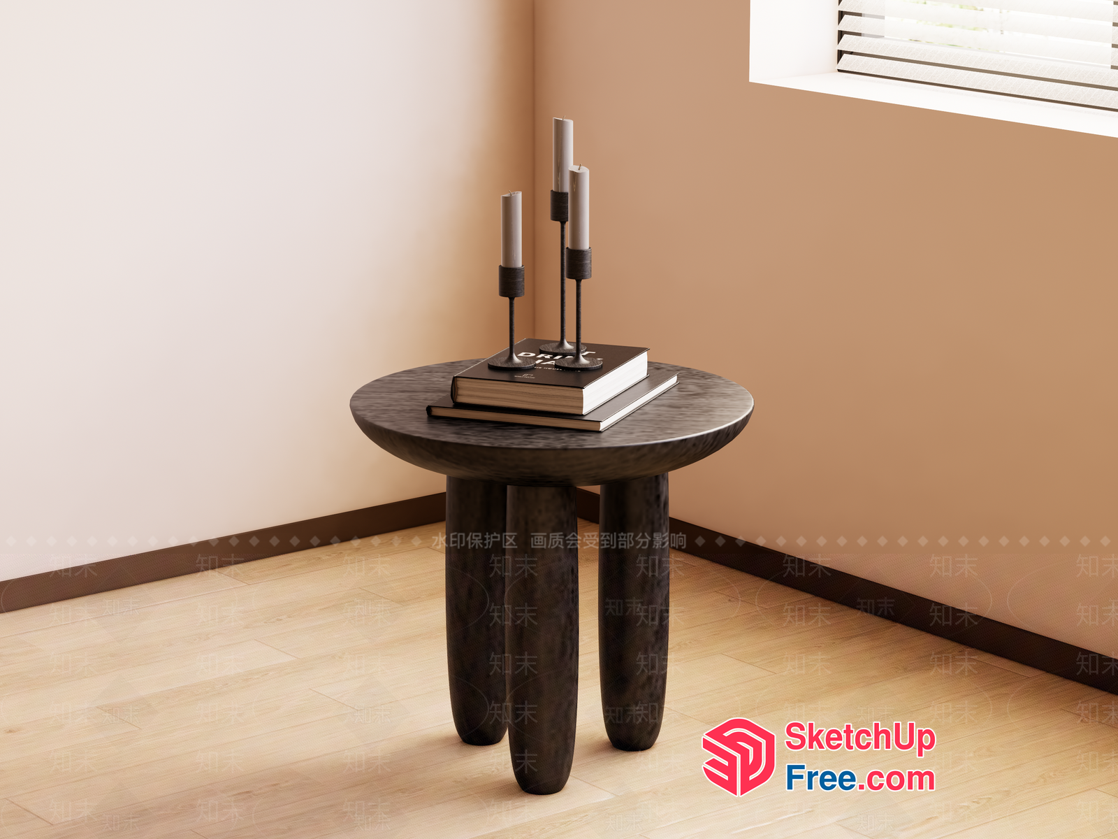 Simple Dark Wood Side Table With Candle Holder And Books 3D SketchUp File