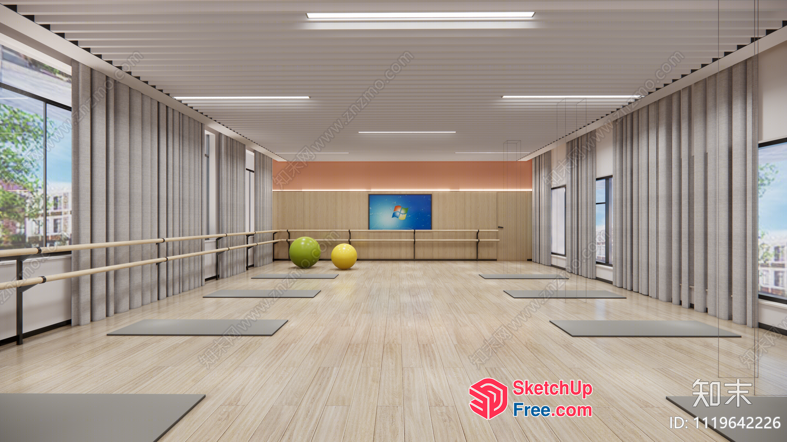 Modern Gym Interior With Barre And Exercise Mats 3D SketchUp File
