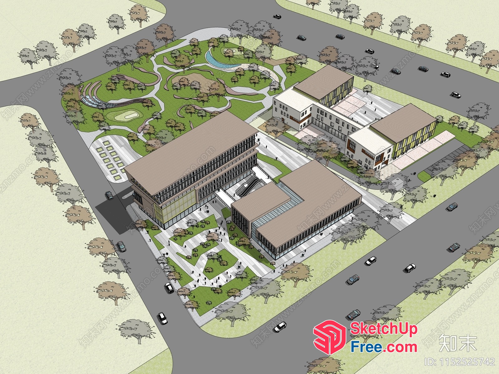 Modern Office Building With Central Courtyard And Park 3D SketchUp File