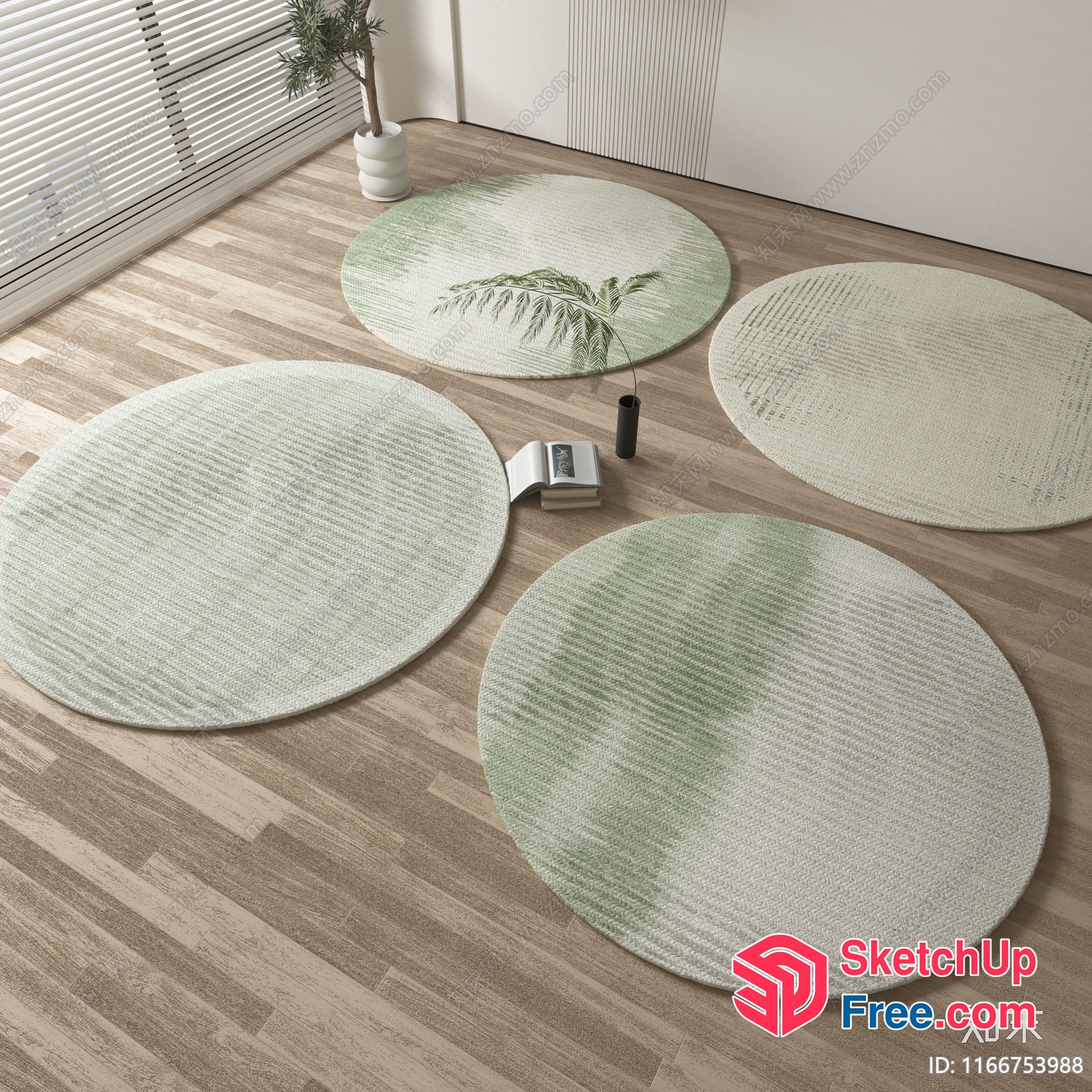 Modern Green And White Circular Rugs In A Spacious Room 3D SketchUp File