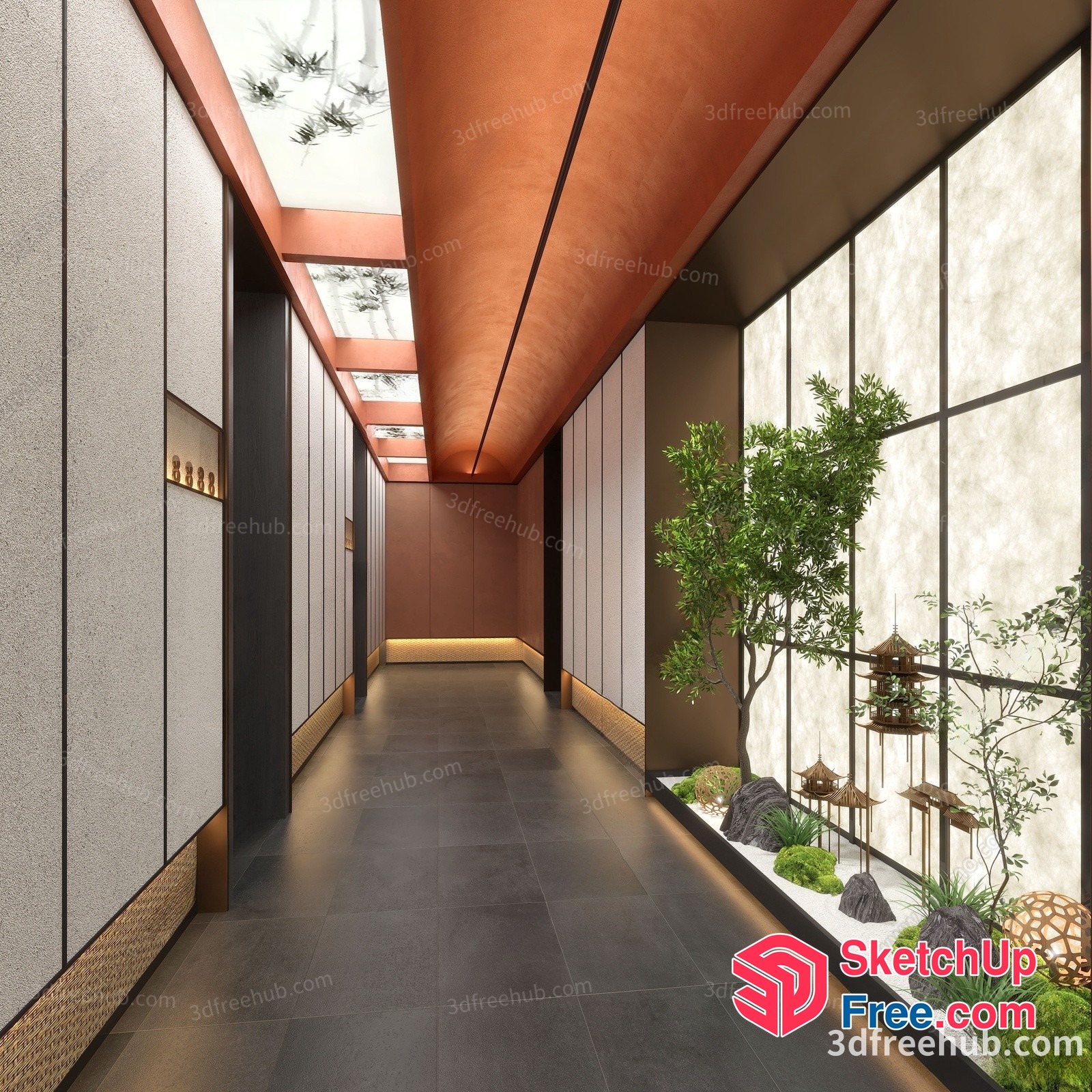 Japanese Style Interior Hallway With Natural Light And Decor 3D SketchUp File