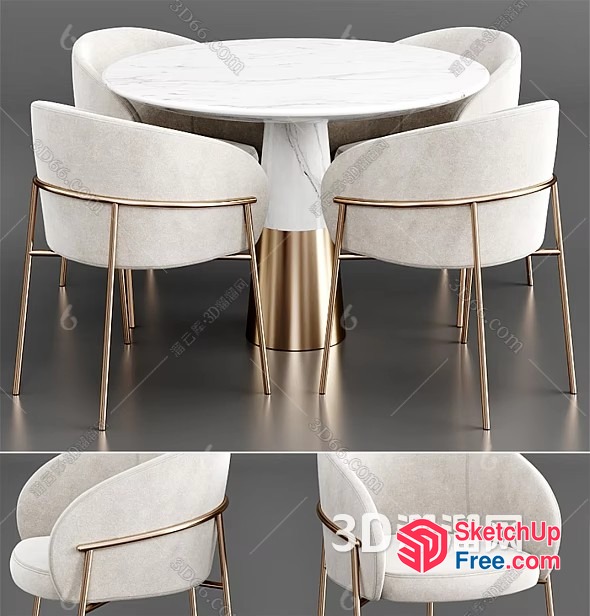 Elegant White Marble Table With Gold Accents And Creamy Chairs 3D SketchUp File