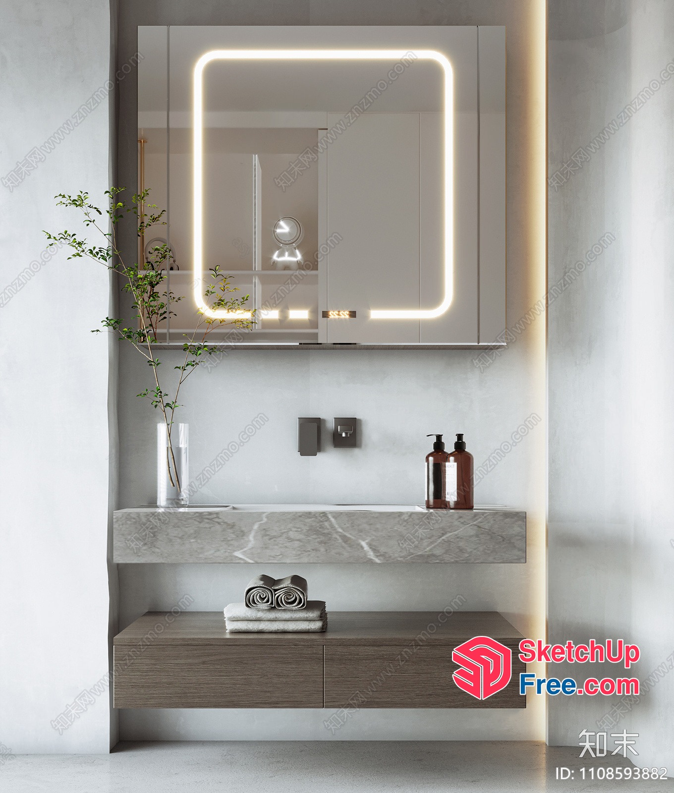 Modern Bathroom Interior With Marble Sink And Led Mirror 3D SketchUp File
