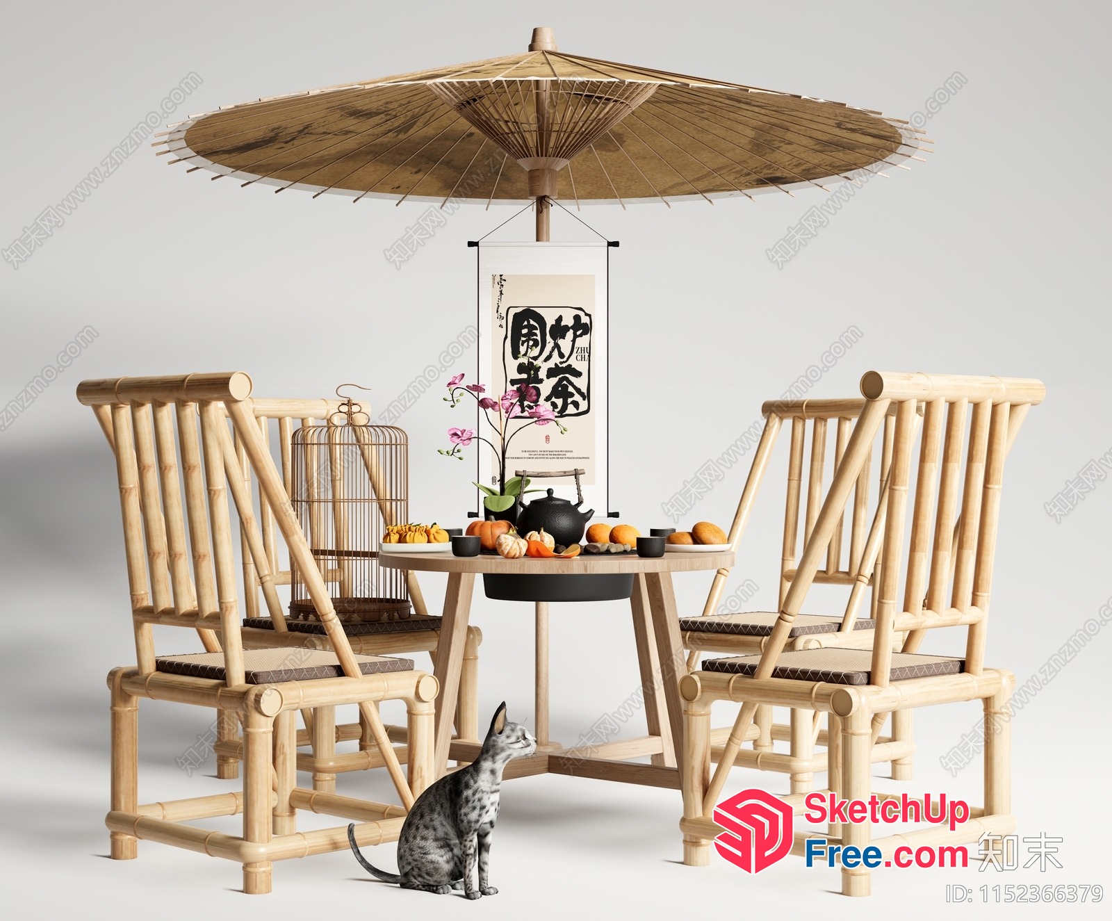 Traditional Japanese-Inspired Dining Scene With Natural Elements 3D SketchUp File