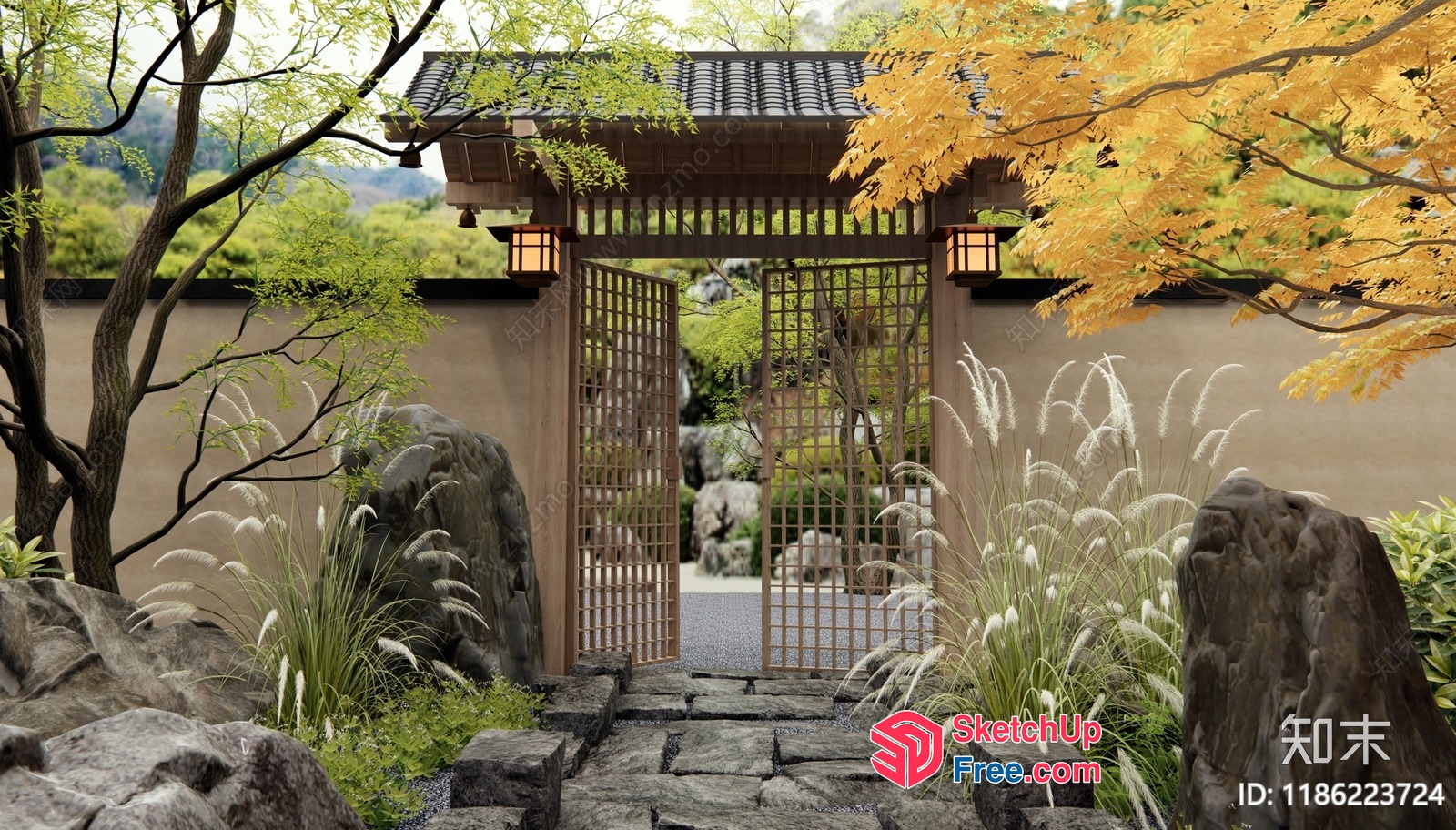 Japanese Style Garden Gate With Lanterns 3D SketchUp File