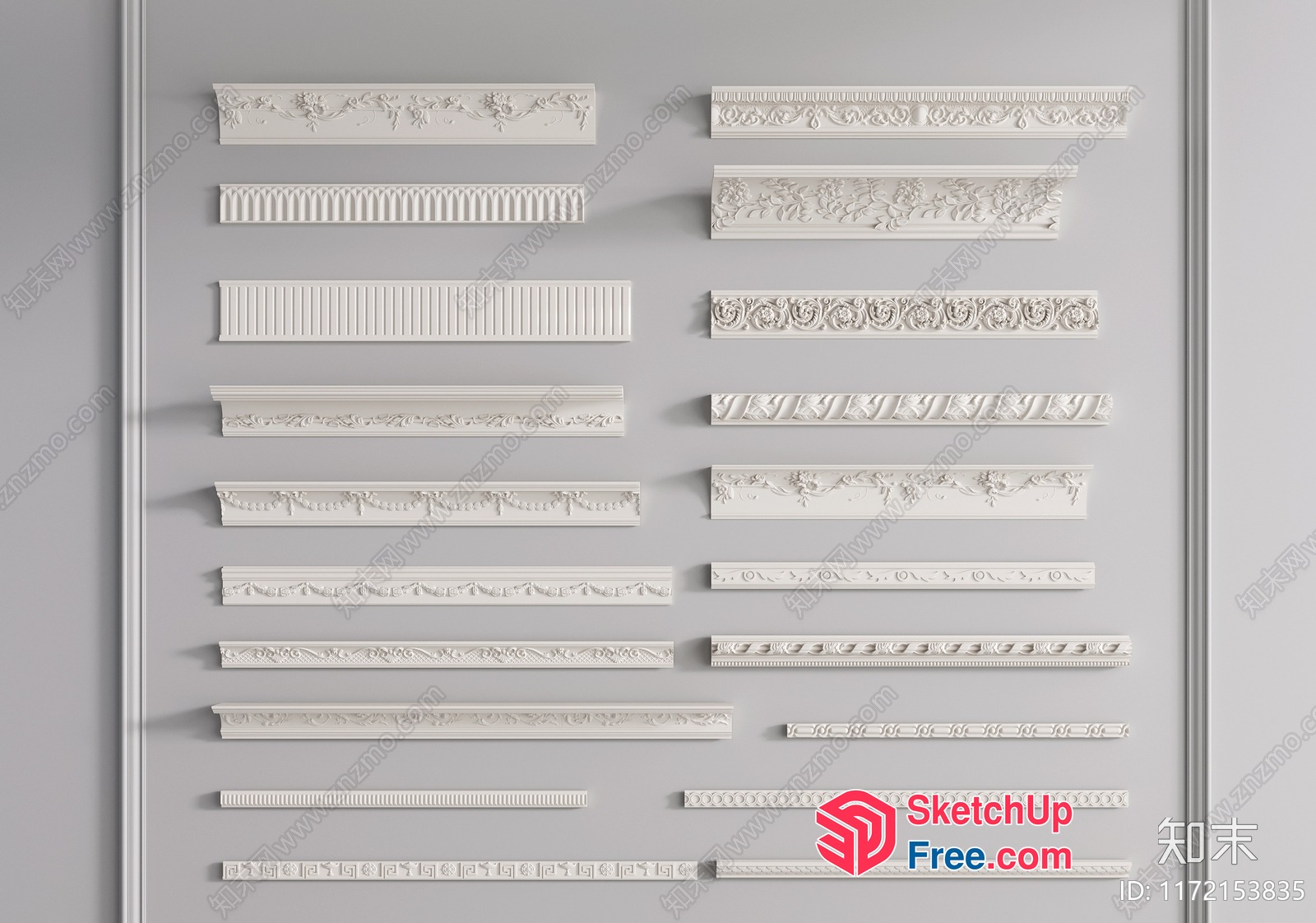 Ornate White Decorative Wall Mouldings 3D SketchUp File