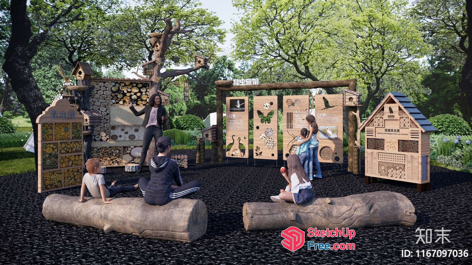 People Sitting On Logs In Front Of Wooden Decorations 3D SketchUp File