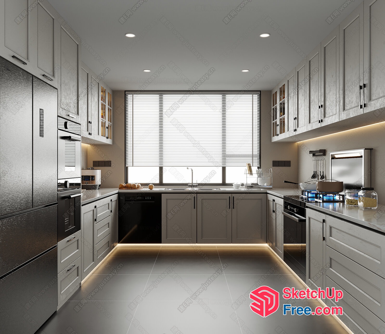Modern Kitchen With Grey Cabinets And White Countertops 3D SketchUp File