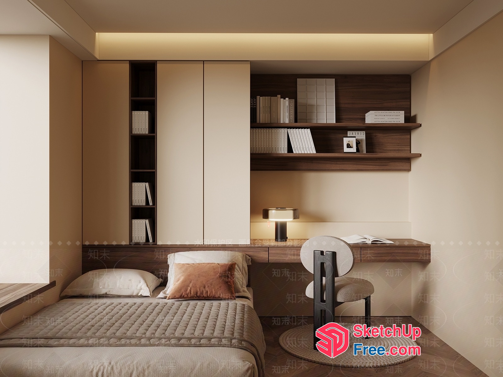 Modern Minimalist Bedroom With Built-In Storage And Desk 3D SketchUp File