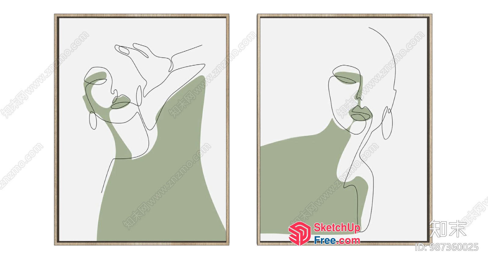 Two Green And White Abstract Line Art Portraits 3D SketchUp File