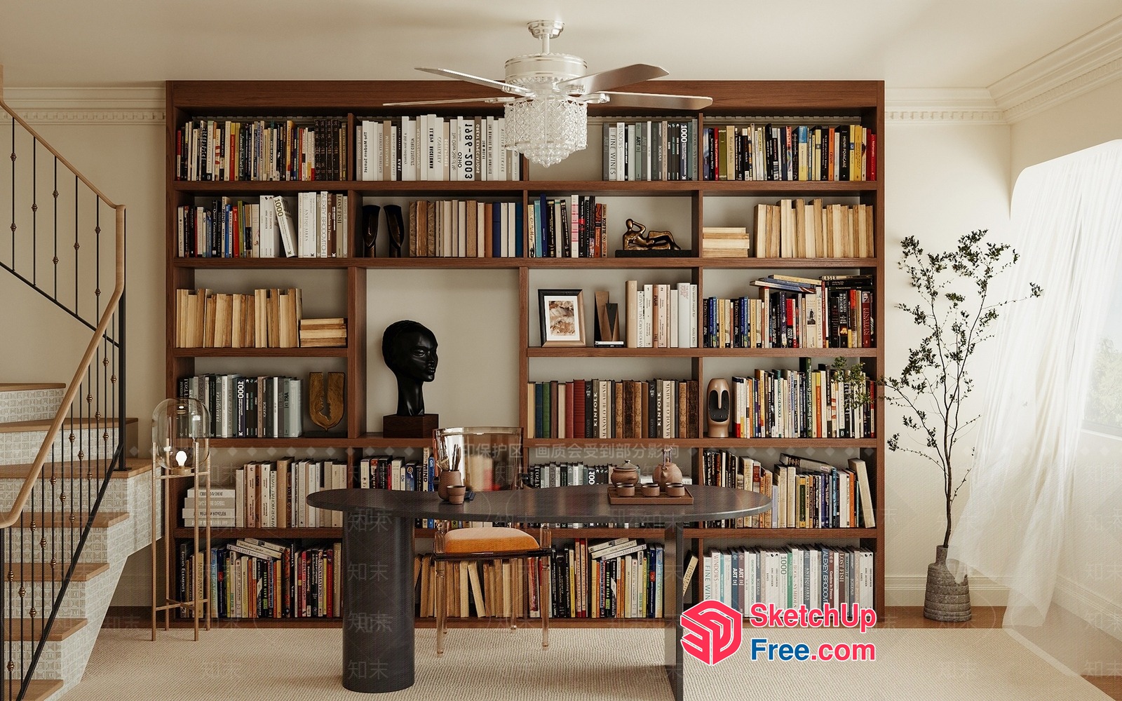 Elegant Study Space With Bookcase And Staircase 3D SketchUp File