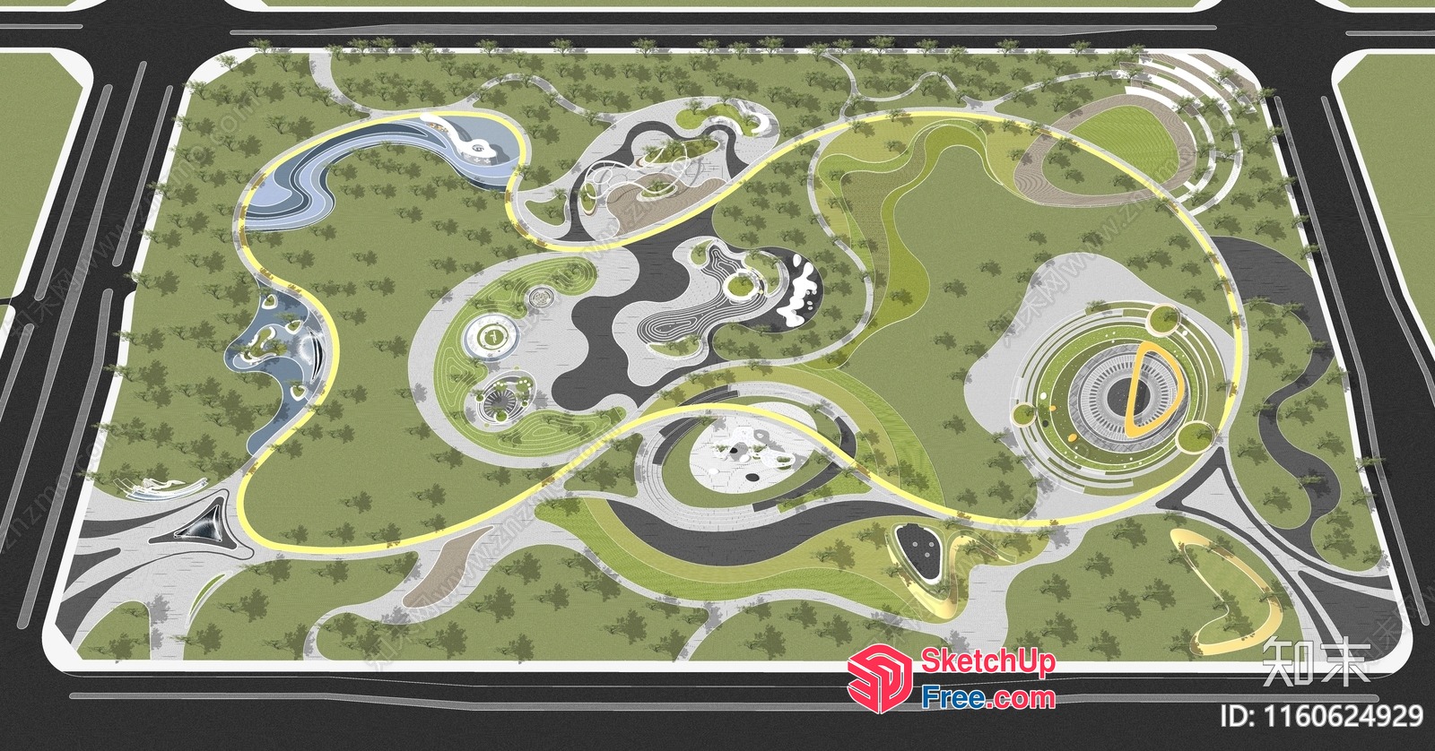 Aerial View Of A Modern Park With Unique Landscaping Features 3D SketchUp File