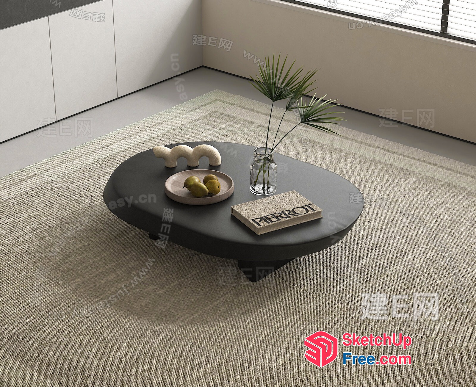 Minimalist Living Room With Creamy Style Coffee Table And Potted Plant 3D SketchUp File