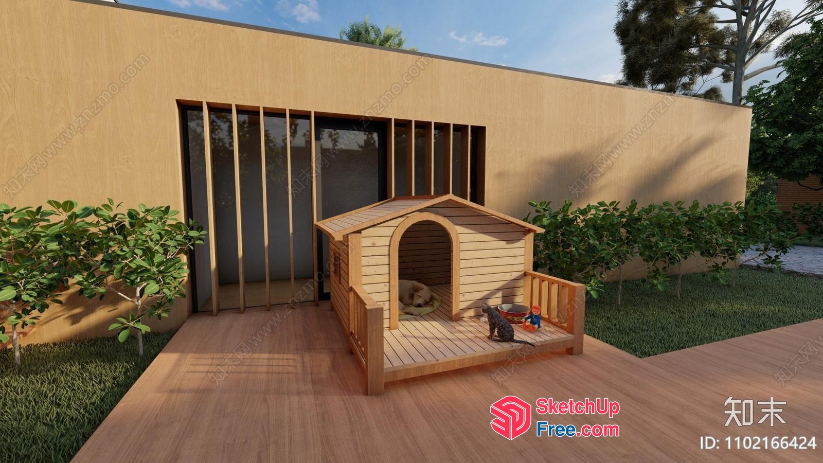 Modern Wooden Dog House With Deck And Decorative Elements 3D SketchUp File