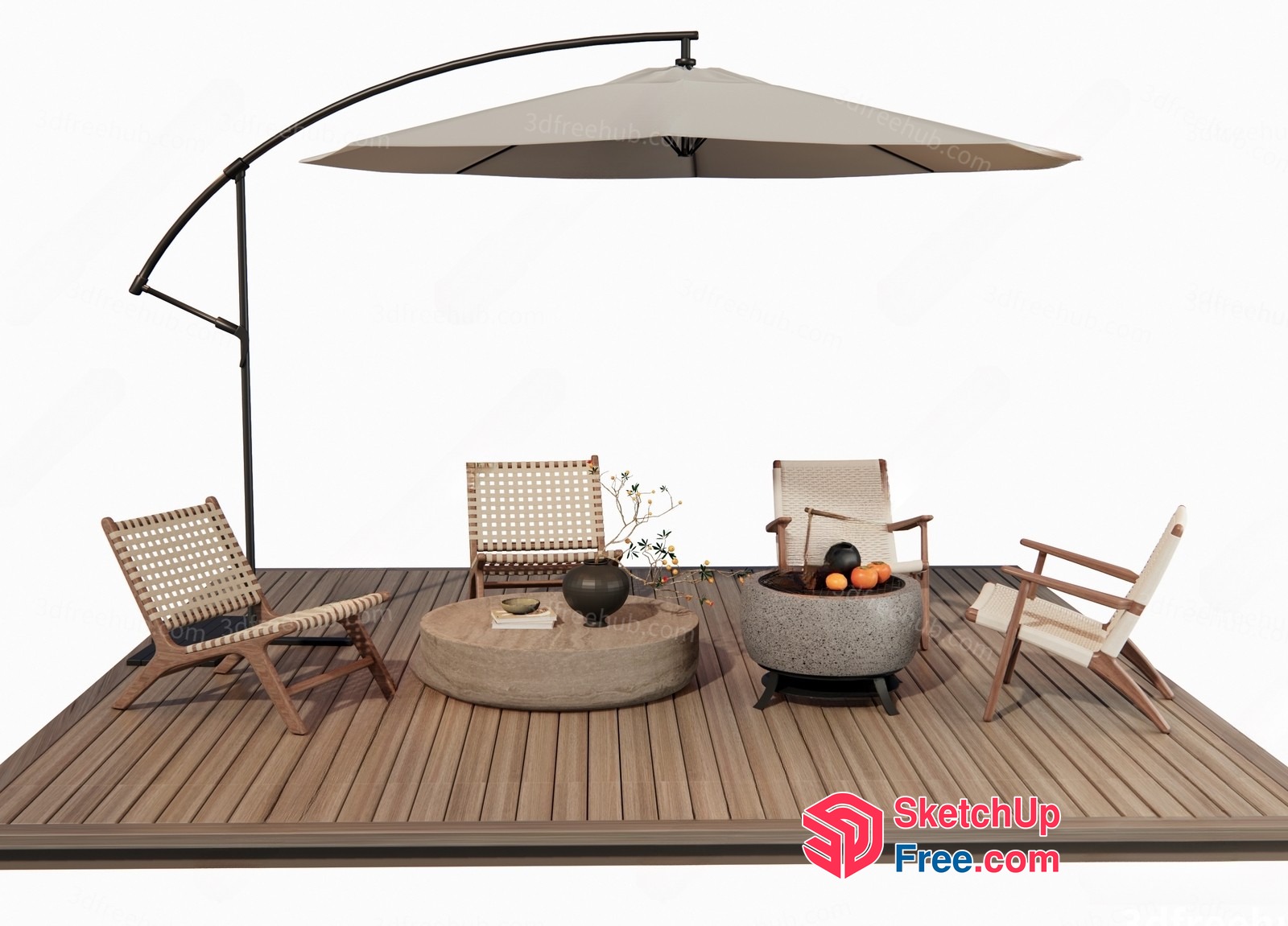 Outdoor Seating Area With Umbrella And Fire Pit 3D SketchUp File