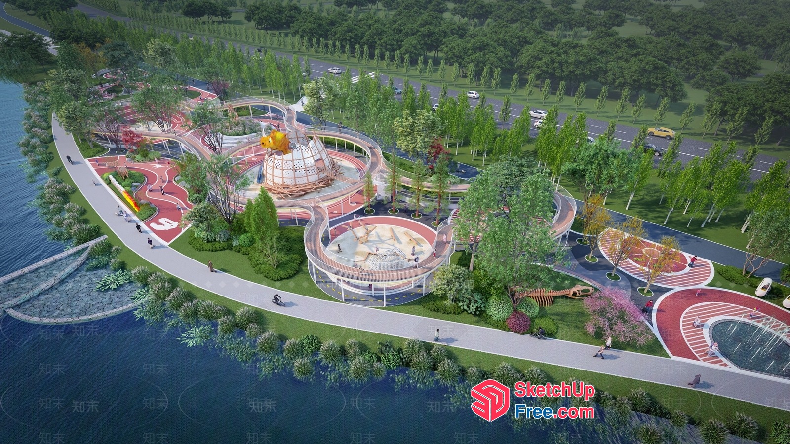 Serene Lakeside Park With Unique Architecture 3D SketchUp File