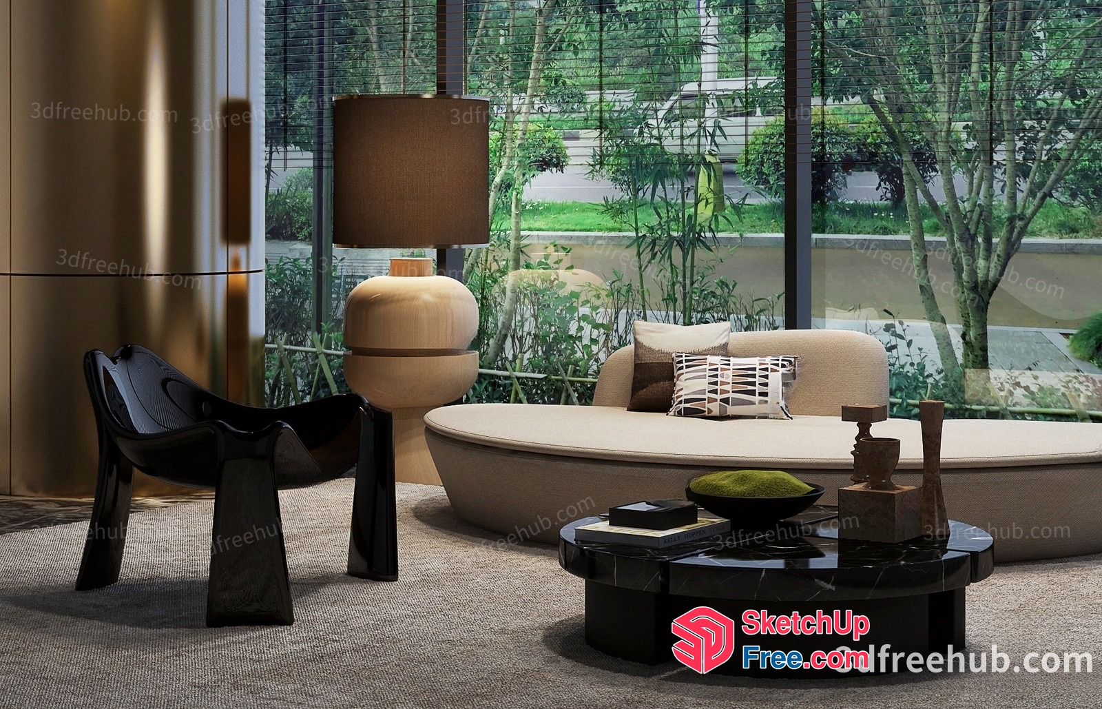 Elegant Modern Living Room With Large Windows And Cream Sofa 3D SketchUp File