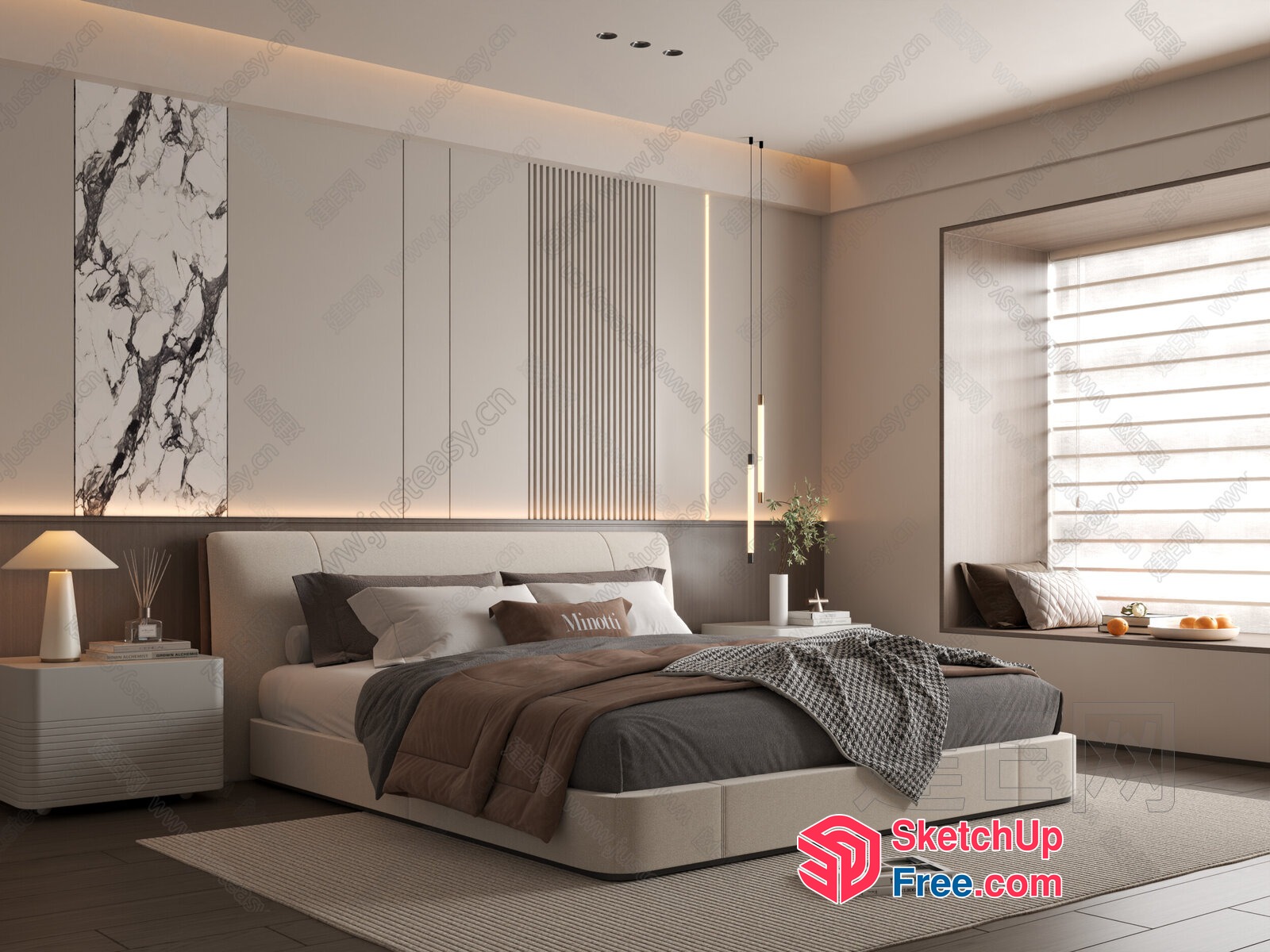 Modern Minimalist Bedside Table And Bed With Natural Wood 3D SketchUp File