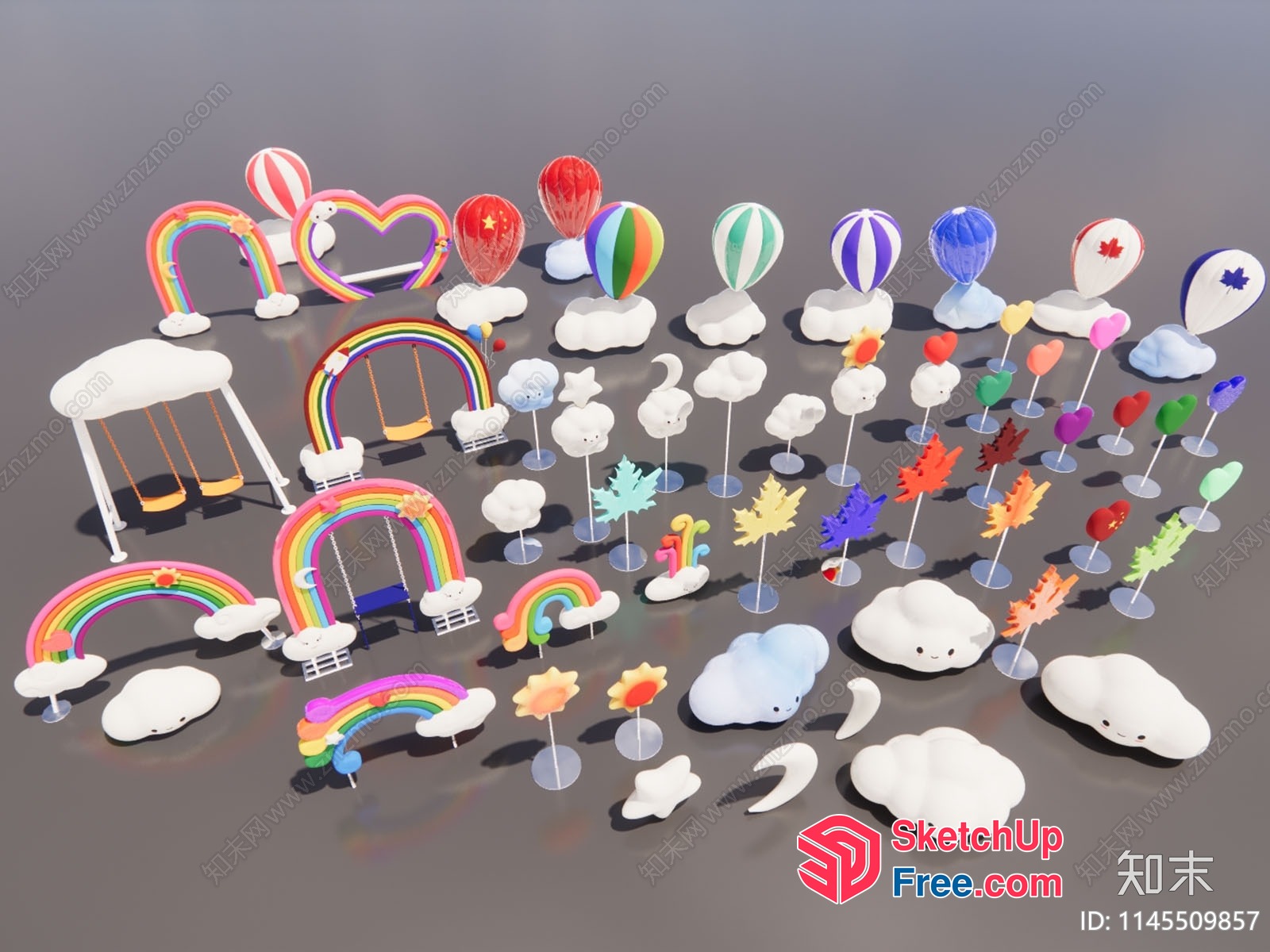 Colorful 3D Model Set Of Rainbows, Clouds, And Balloons 3D SketchUp File
