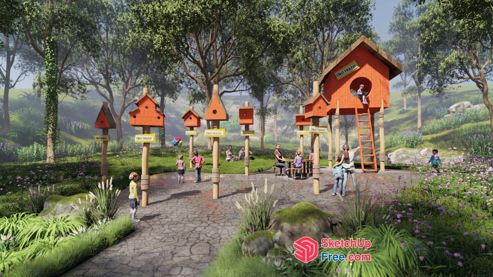 Children'S Play Area With Birdhouses And Treehouse 3D SketchUp File