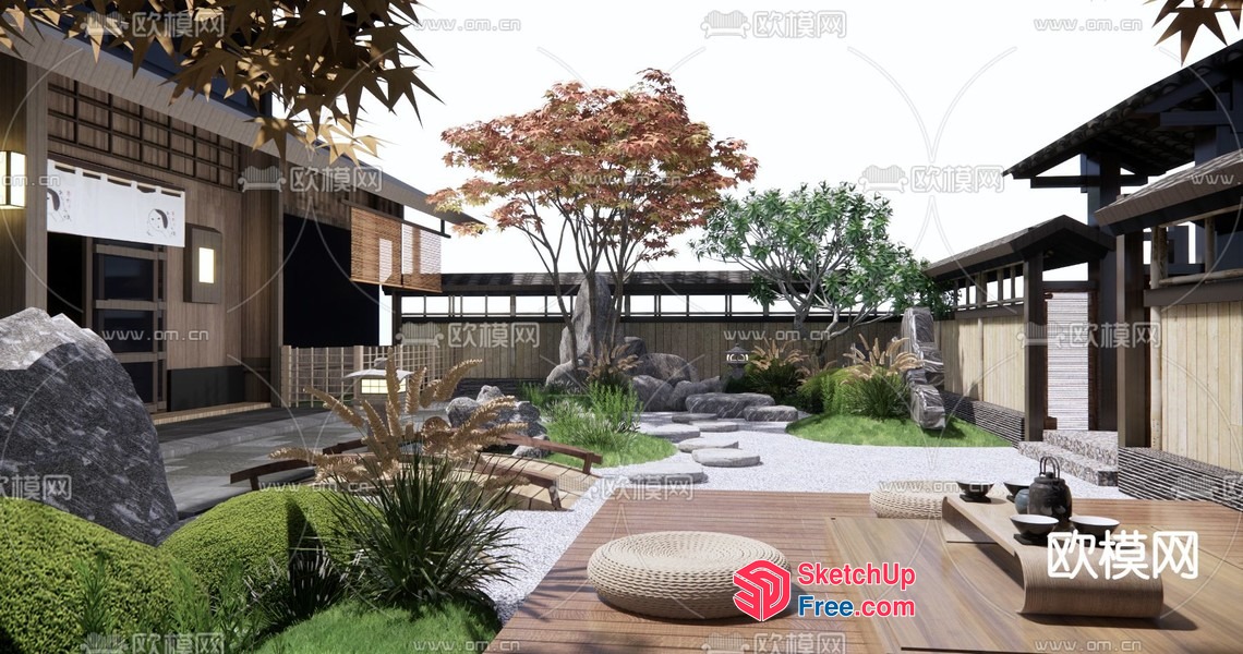 Serene Japanese-Style Garden With Traditional Architecture 3D SketchUp File