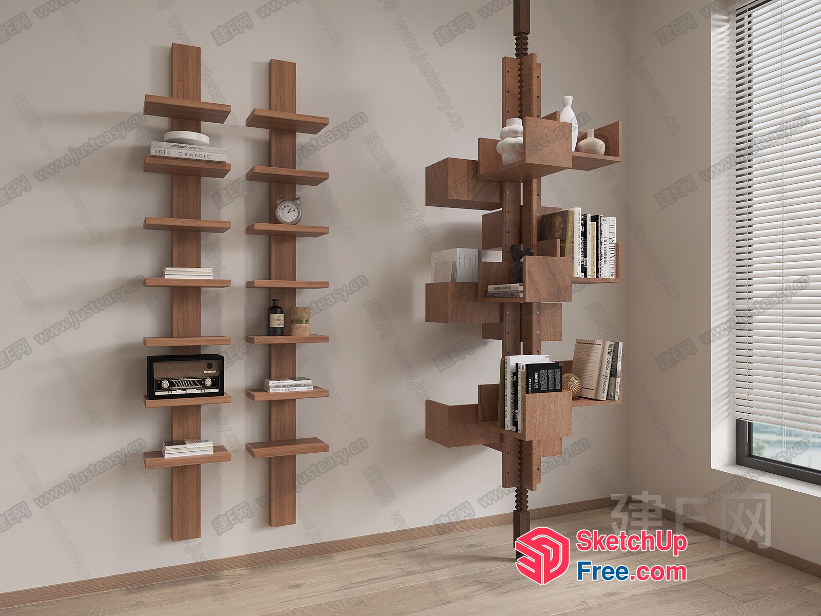 Modern Wooden Bookcase With Unique Shelving Design 3D SketchUp File
