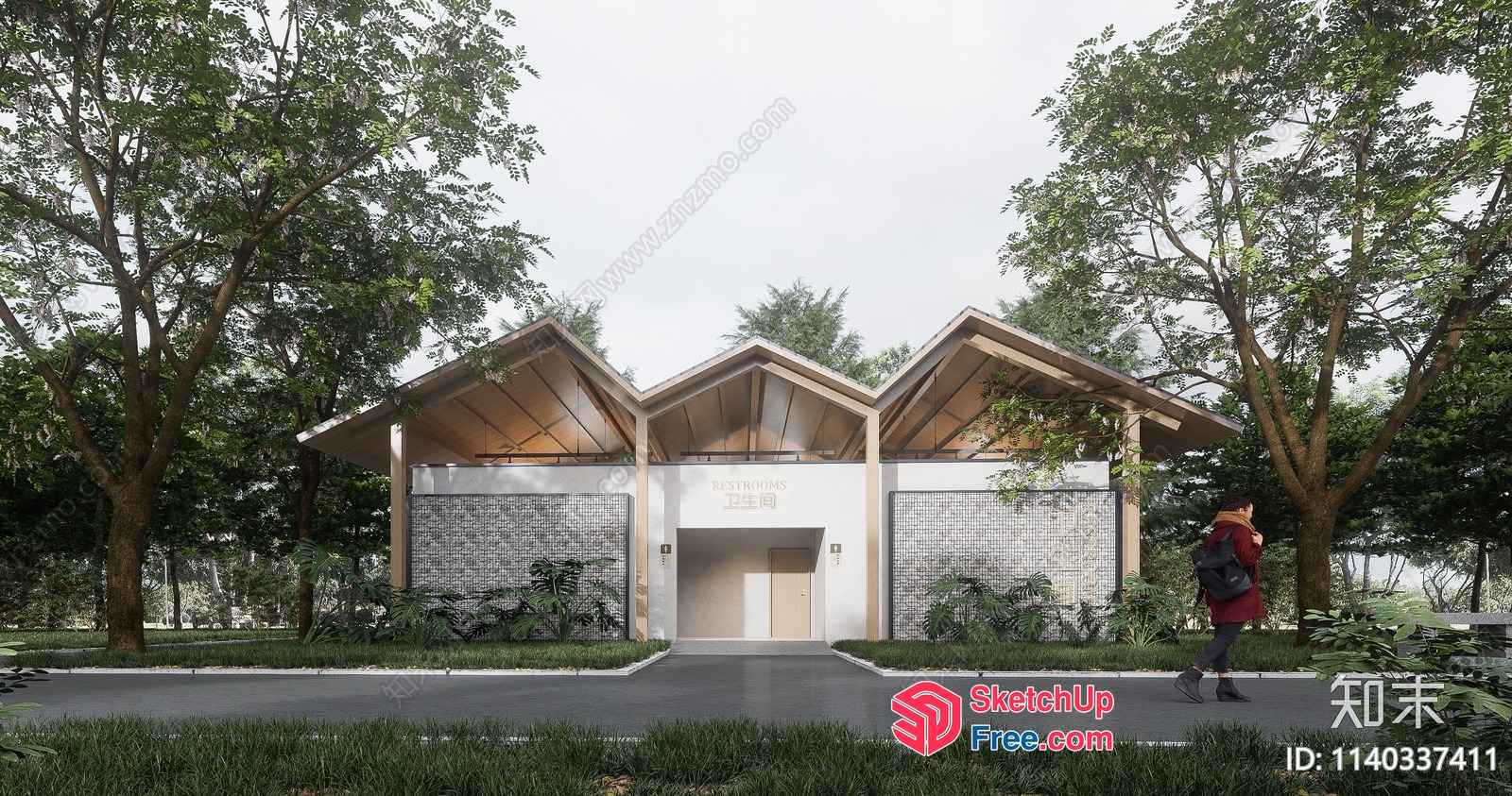 Modern Building With Wooden Roof And Greenery 3D SketchUp File