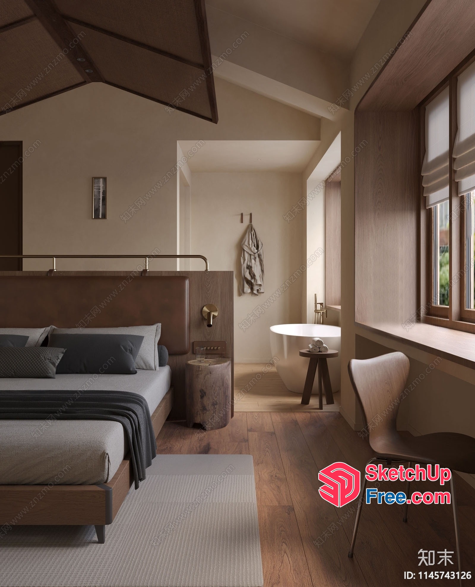 Modern Minimalist Bedroom With Natural Wood Accents 3D SketchUp File