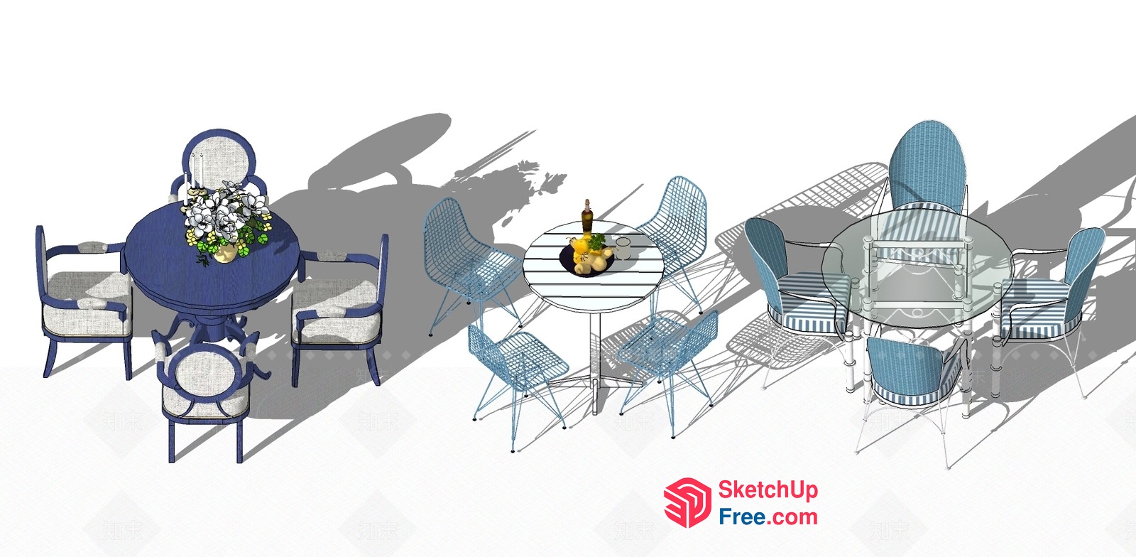 Outdoor Dining Sets With Glass Tabletops And Blue Chairs 3D SketchUp File