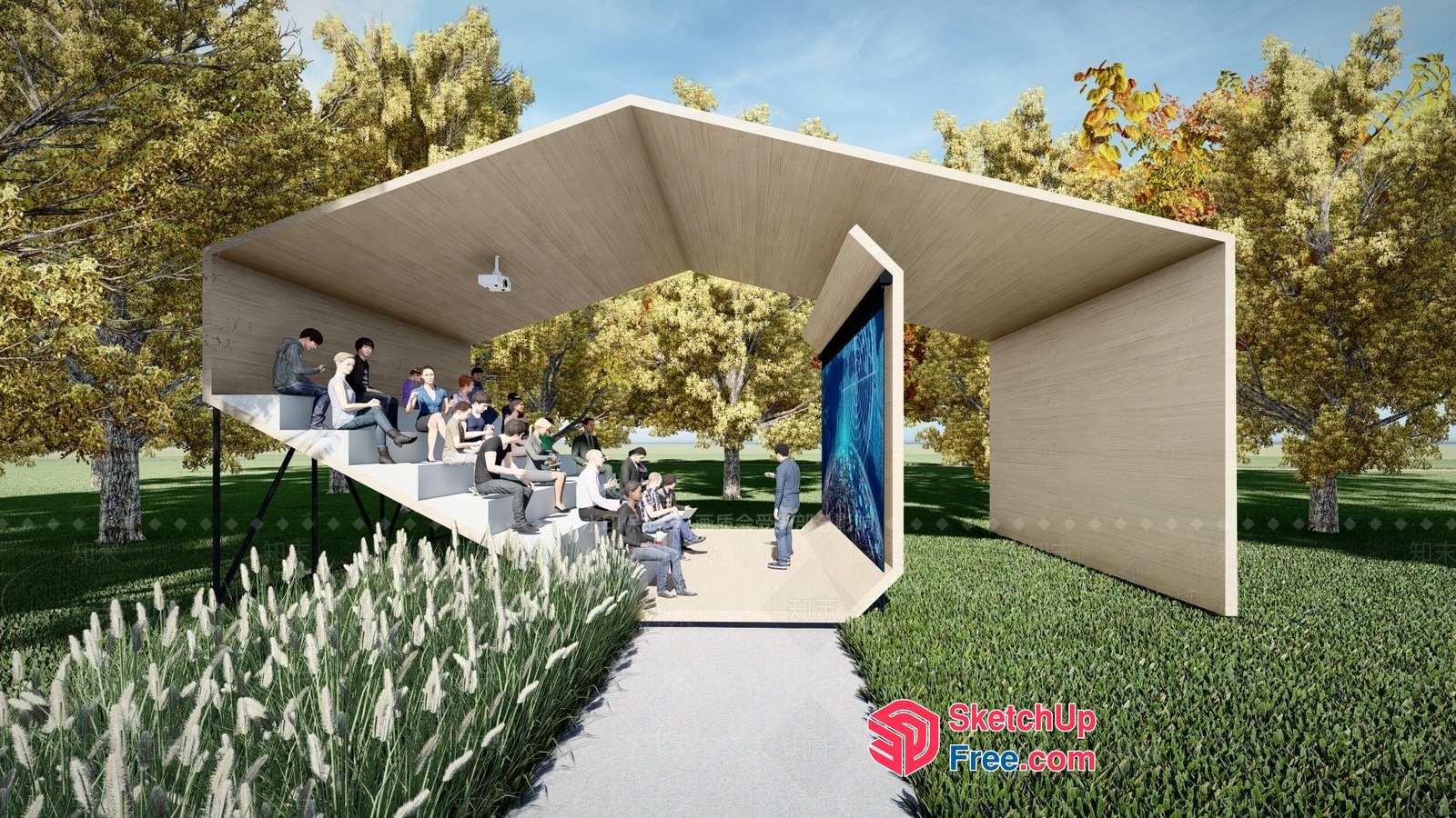 Modern Outdoor Seating Area With Projector Screen 3D SketchUp File
