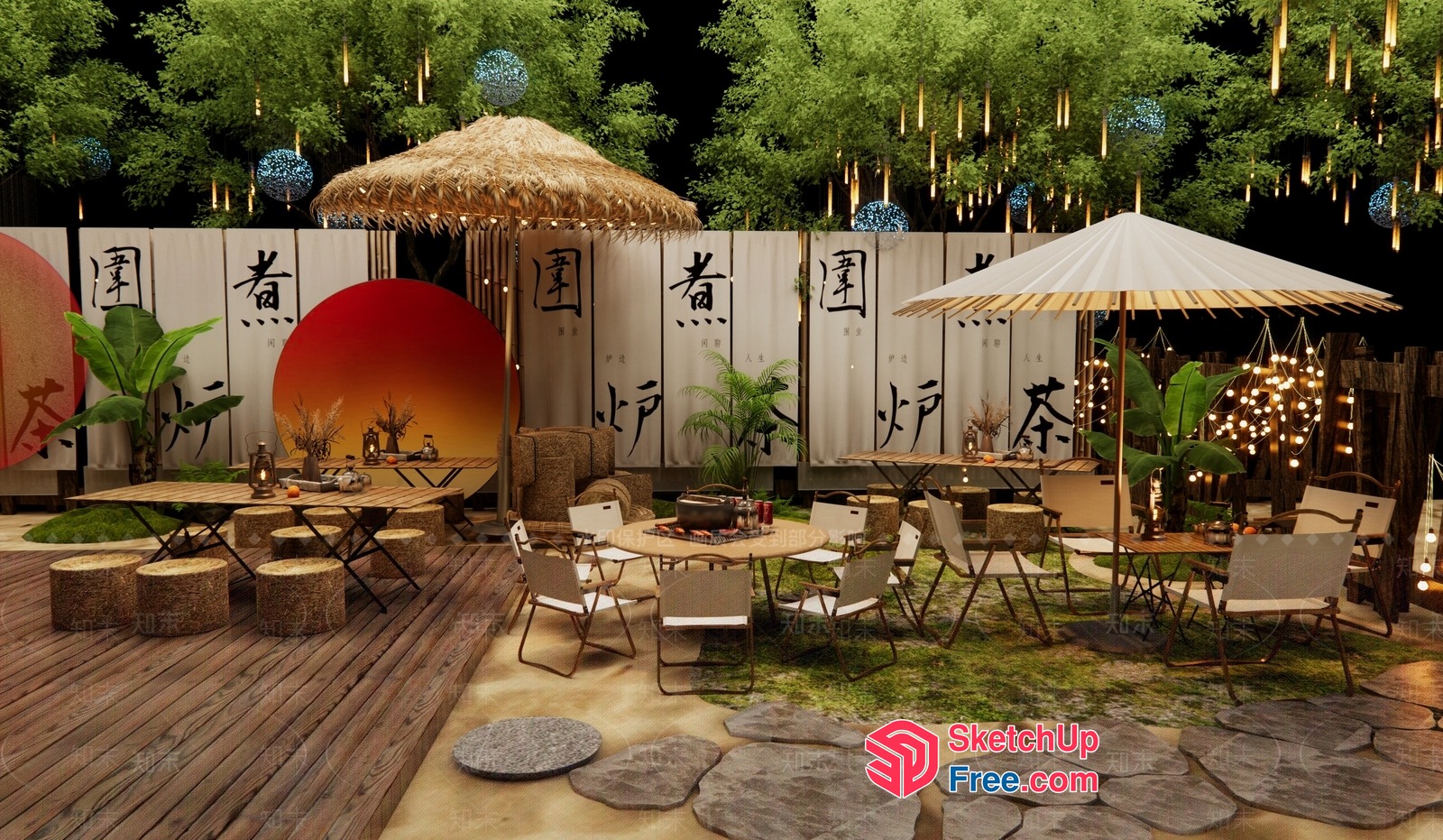 Outdoor Seating Area With Asian-Inspired Decor 3D SketchUp File