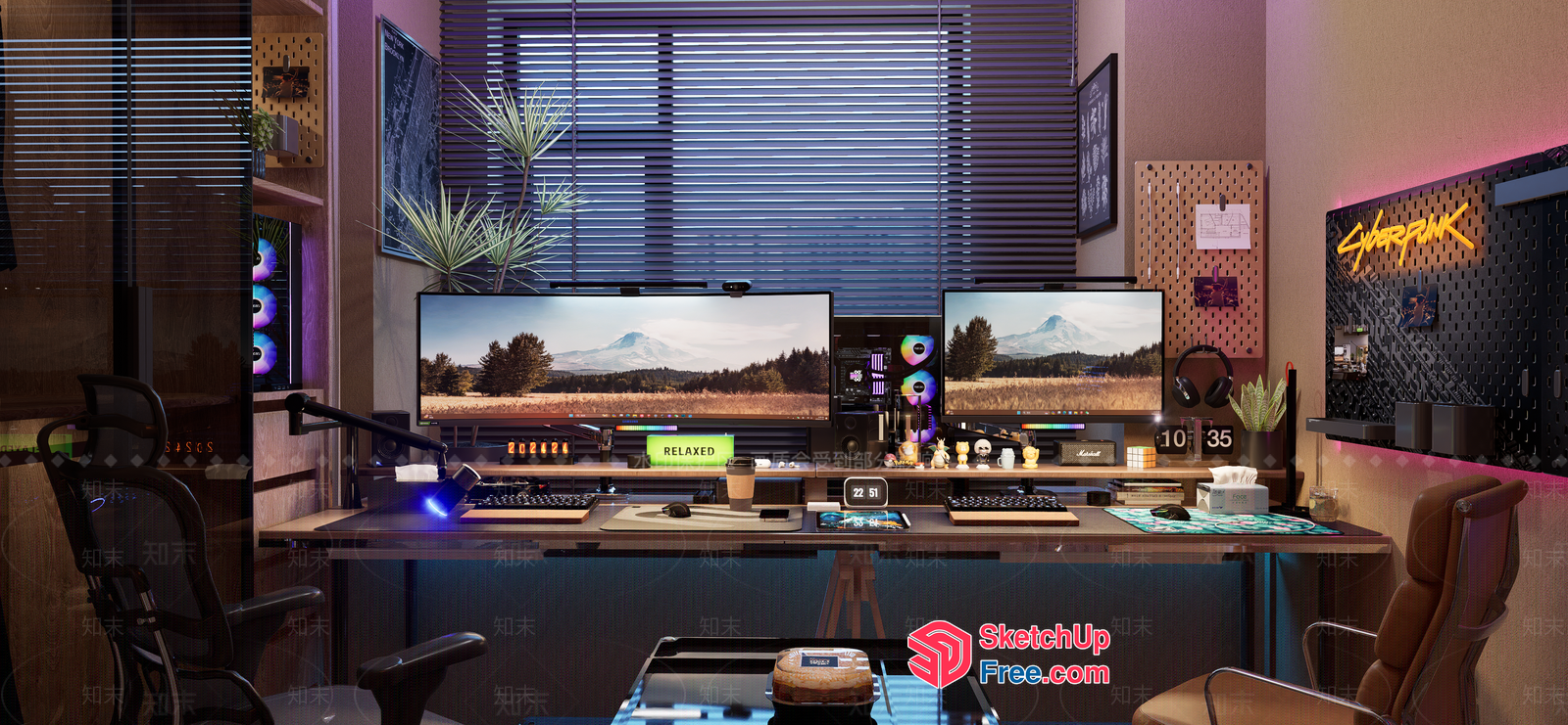 Modern Home Office Workspace With Dual Monitors 3D SketchUp File