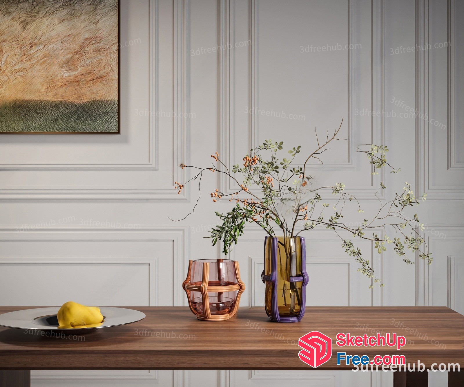 Contemporary Decorative Vases On A Wooden Table 3D SketchUp File