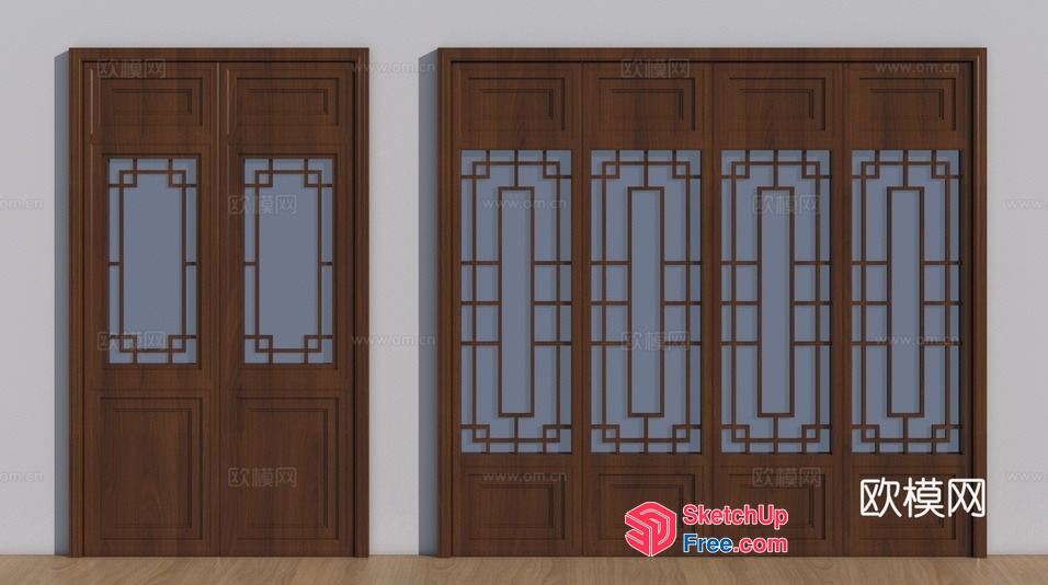 Traditional Chinese Wooden Doors With Frosted Glass Panels 3D SketchUp File