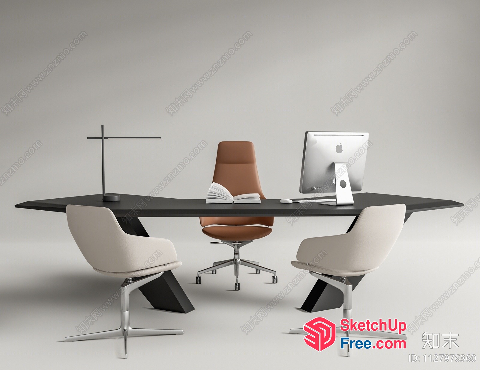 Modern Office Furniture Setup With Sleek Black Desk And Tan Leather Chair 3D SketchUp File